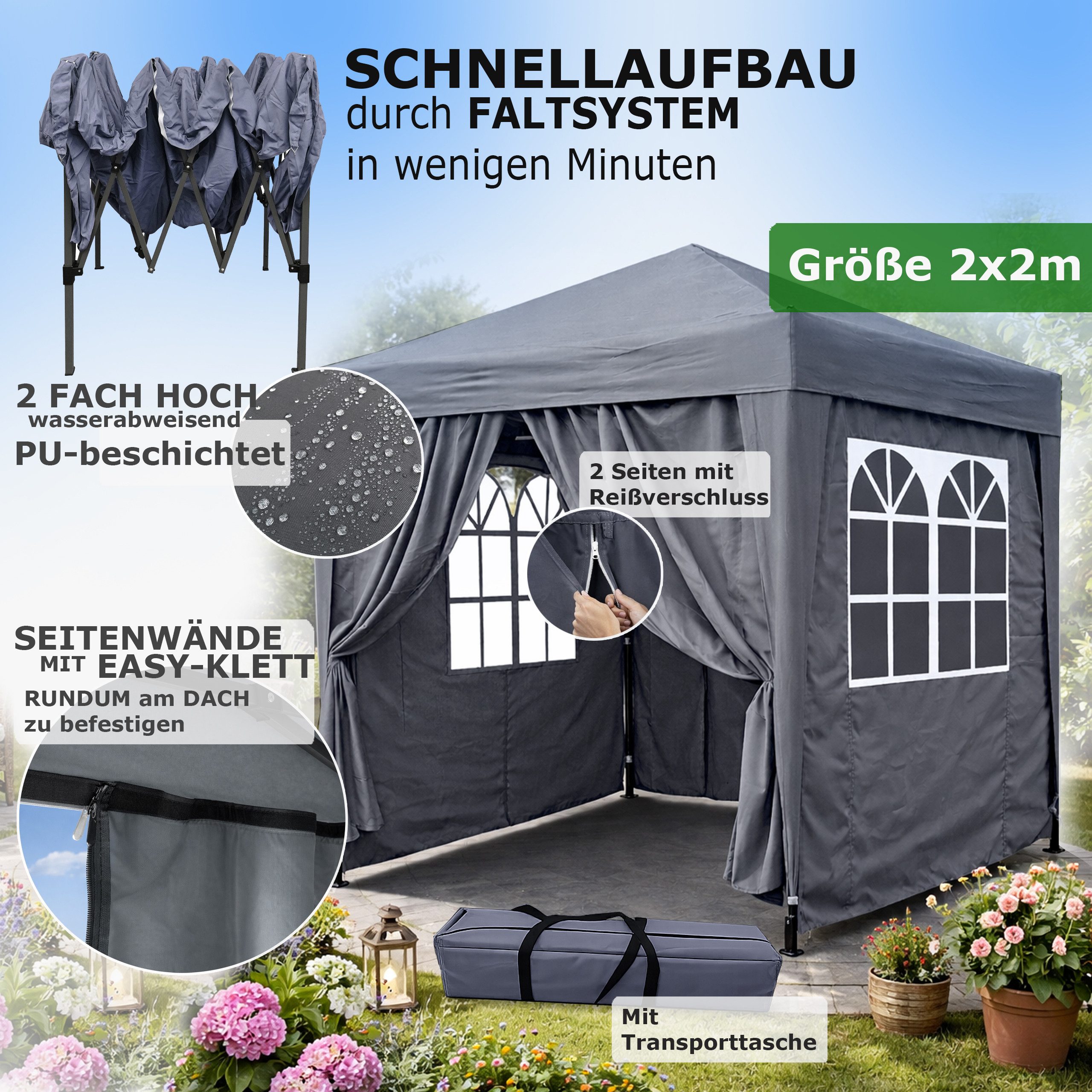 Quick Star Faltpavillon Faltpavillon 2x2m Smoky Grau, mit 4 Seitenteilen, ( günstig online kaufen