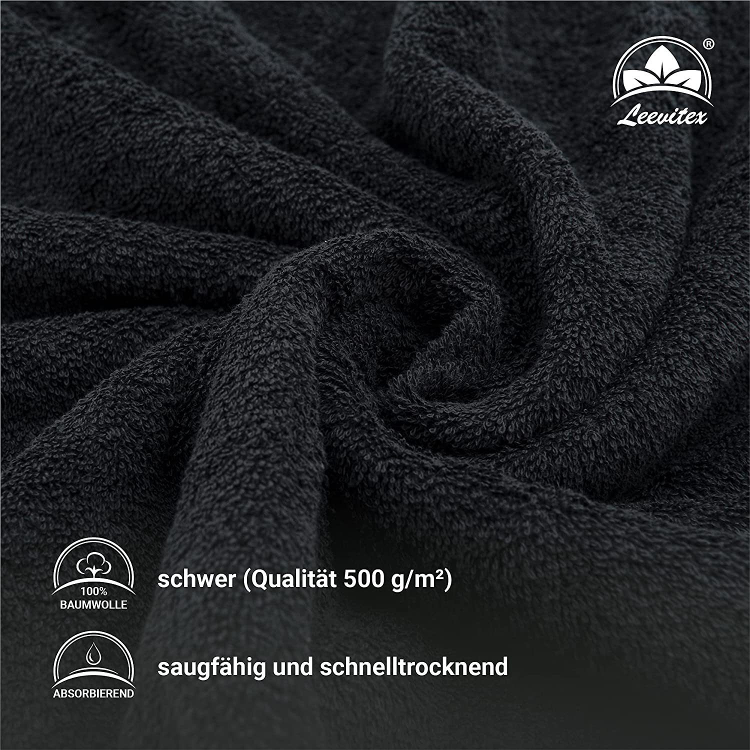 cm, x leevitex® hochwertig Handtuch fusselfrei Frottee 4er & Set, verarbeitet 100 Schwarz 50