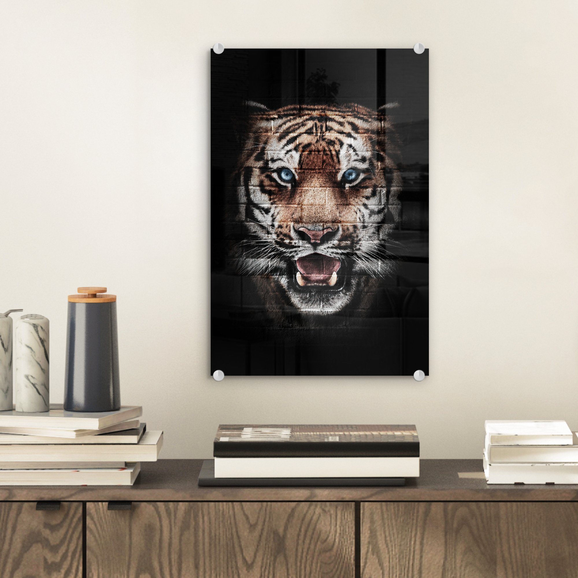 Acrylglasbild Wandbild Wanddekoration Tiger - MuchoWow (1 Glasbilder - auf Glas Tiere, St), auf Glas bunt - - Bilder Foto Ziegelstein -