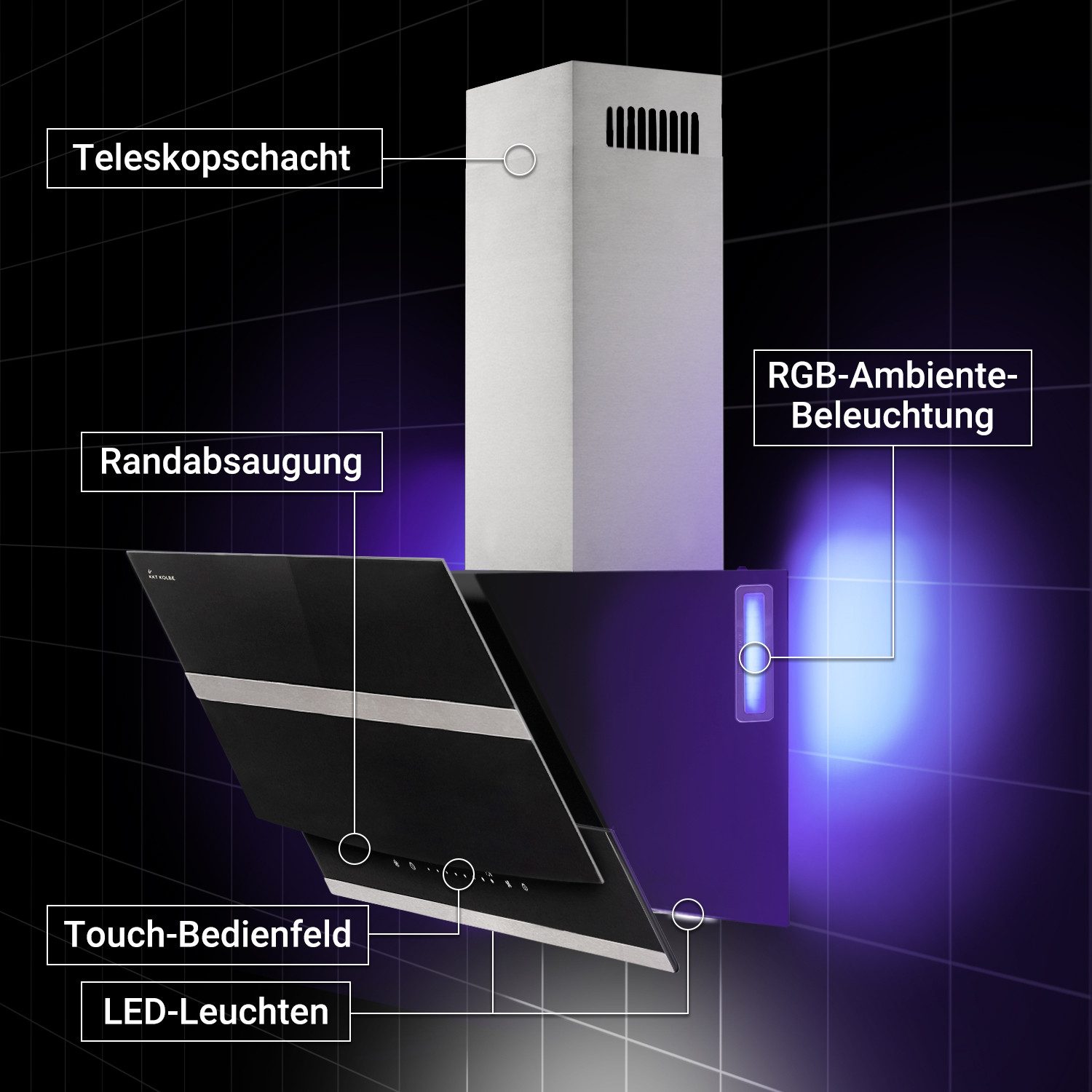 KKT KOLBE Wandhaube Dunstabzugshaube 90cm HERMES9005SM RGBW Ambientebeleuchtung Dunstabzugshaube 90cm HERMES9005SM RGBW Ambientebeleuchtung, Kopffrei / 90cm / Smarte WiFi-App / Edelstahl / Glas / Schräghaube
