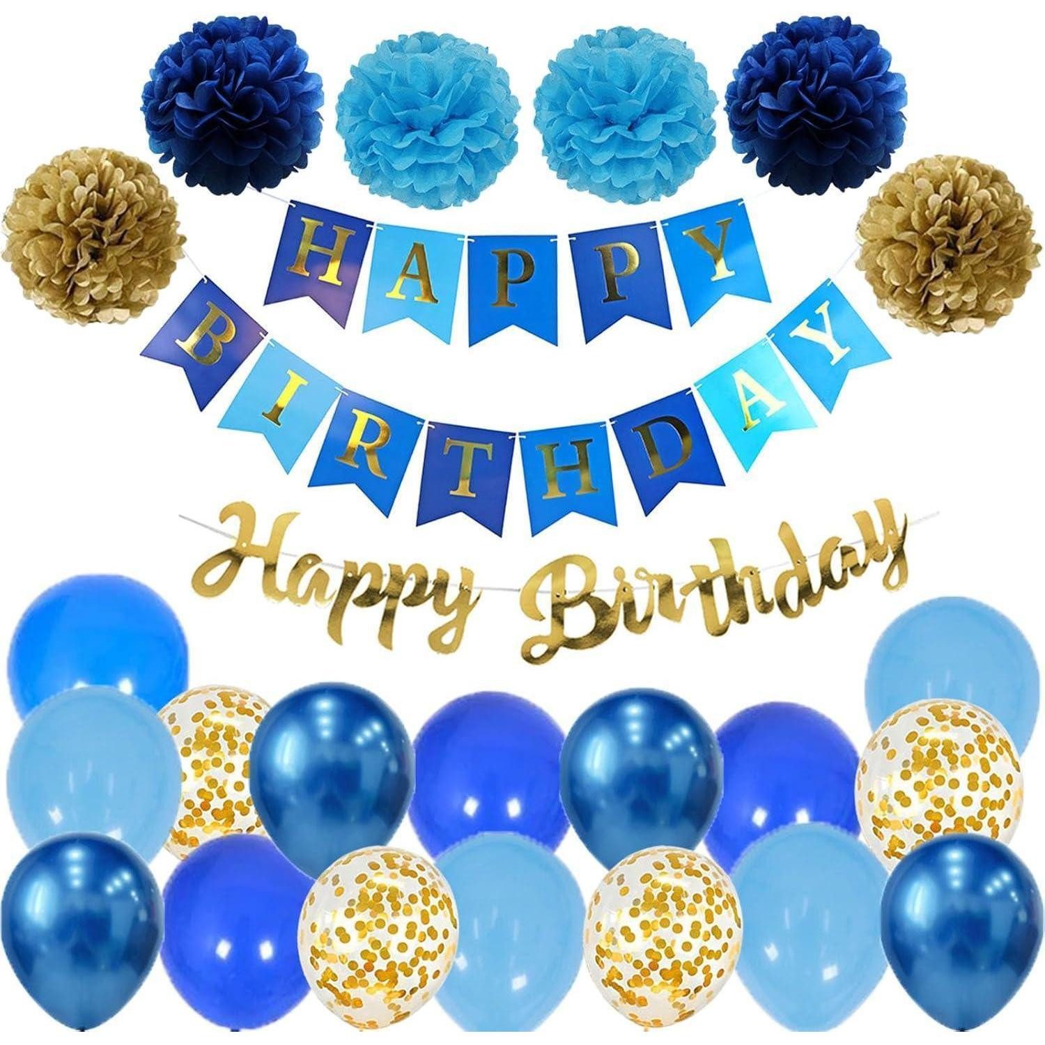 Cocktail-Set Geburtstagsdeko Girlande Luftballons Pompoms Blau Gold Blue Gold