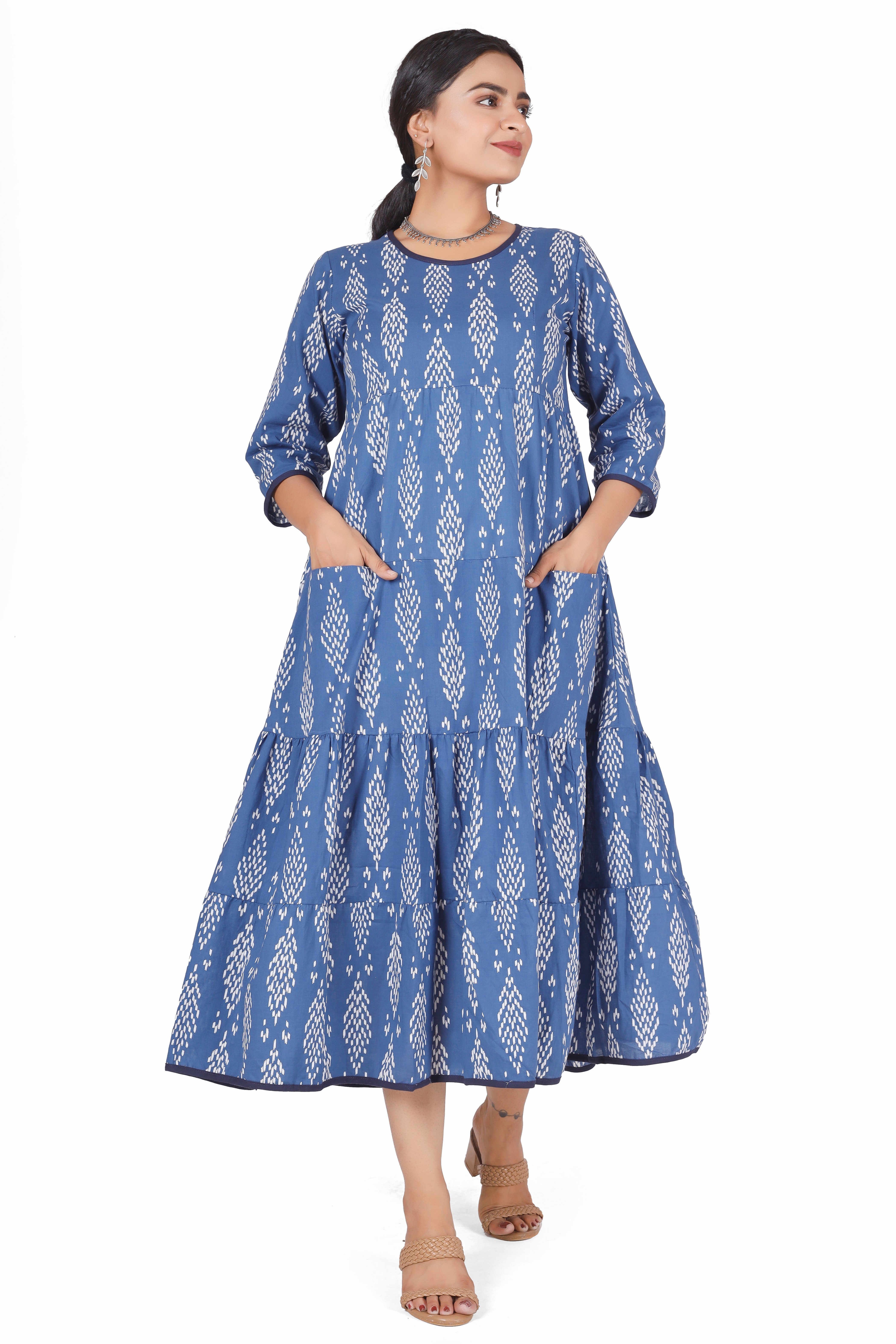 bedrucktes wadenlanges Kleid.. Bekleidung Guru-Shop alternative Boho Sommerkleid, Midikleid indigo