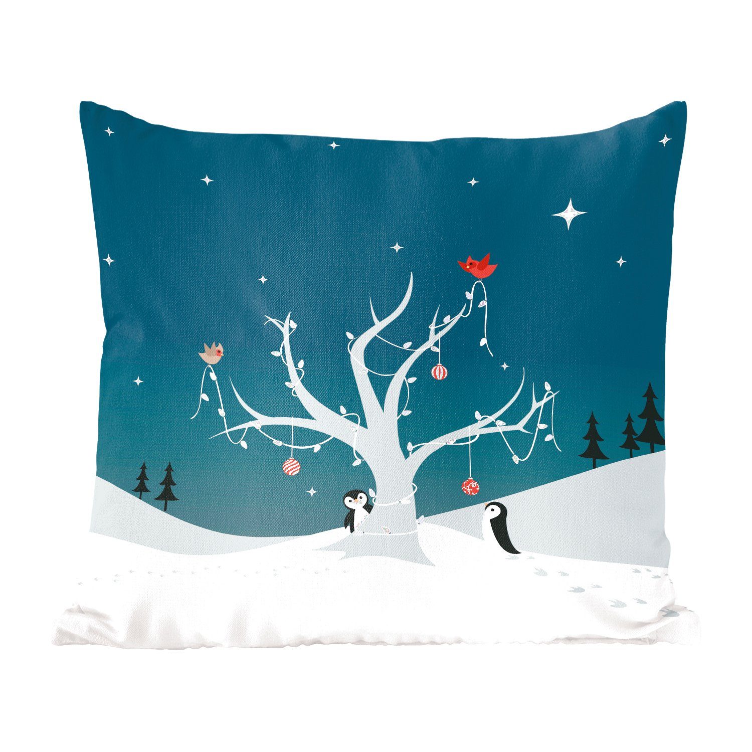 MuchoWow Dekokissen Illustration von zwei Pinguinen beim Schmücken eines Weihnachtsbaums, Zierkissen mit Füllung für Wohzimmer, Schlafzimmer, Deko, Sofakissen