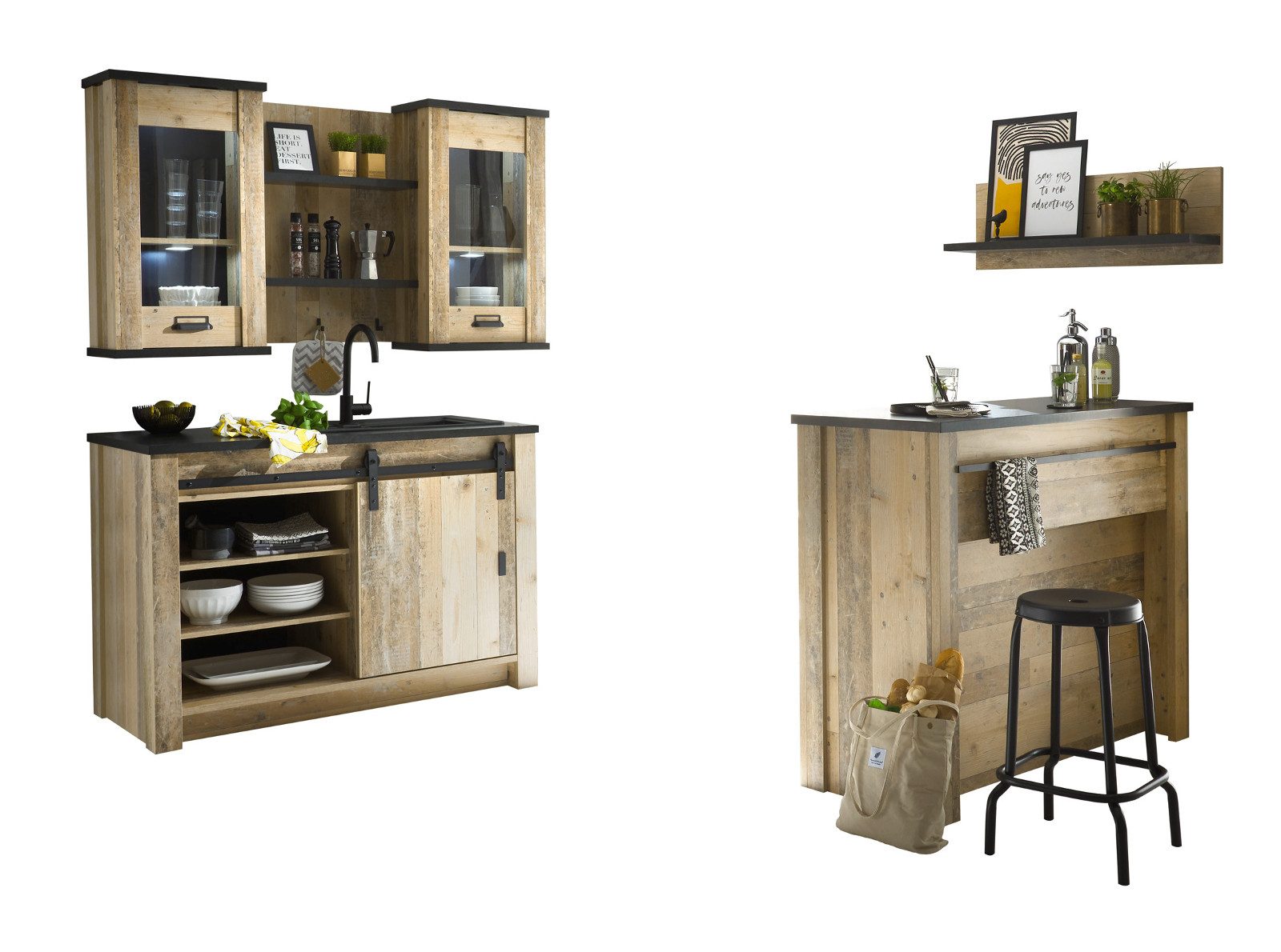 Furn.Design Küchenbuffet Stove (Küche in Used Wood und Anthrazit, Set 6-teilig) mit Schwebetüren und Soft-Close-Funktion