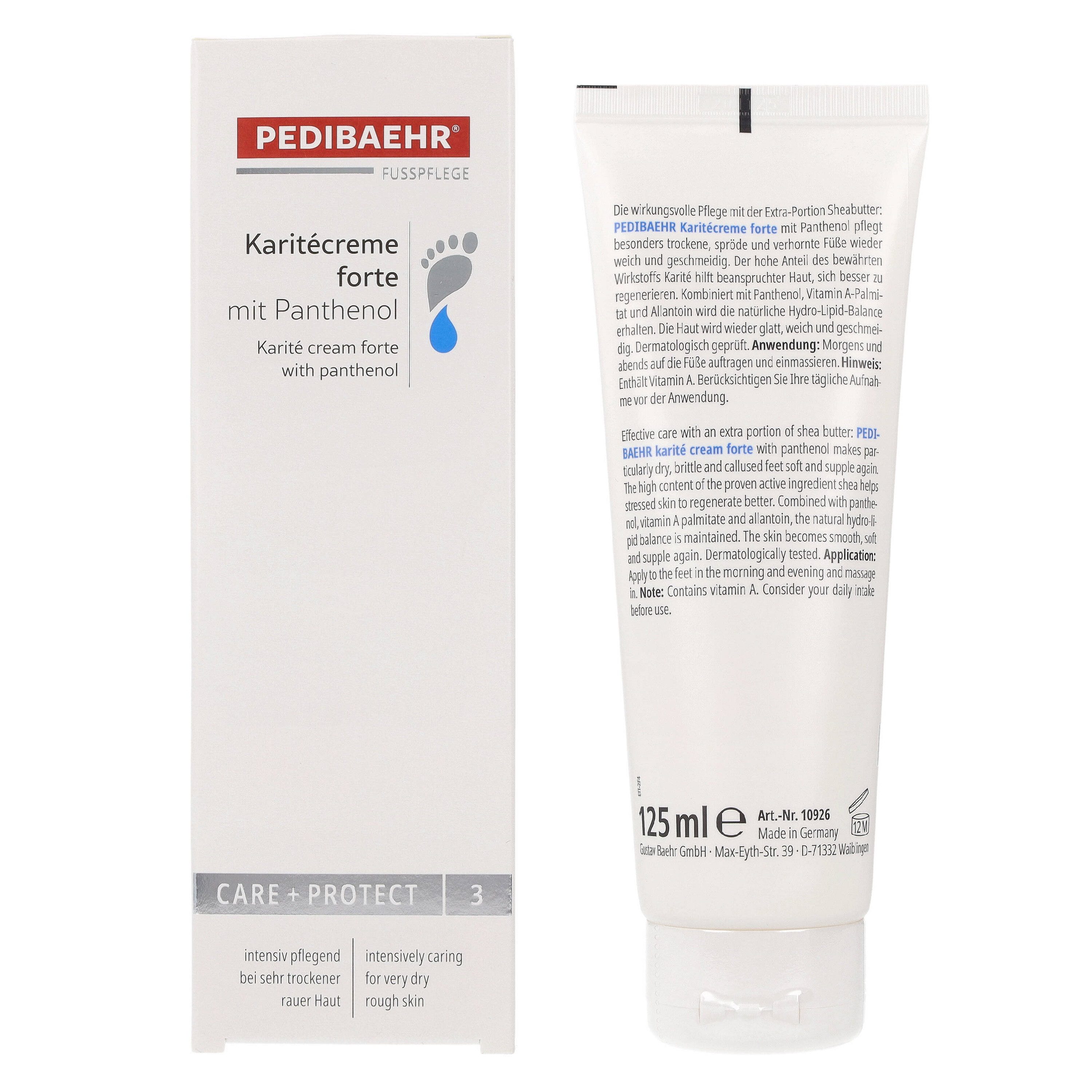 Pedibaehr Fußcreme Pedibaehr Karitécreme forte mit Panthenol 125ml spürbare Verbesserung des Hautgefühls, 1-tlg., pflegt extrem spröde, trockene und verhornte Haut