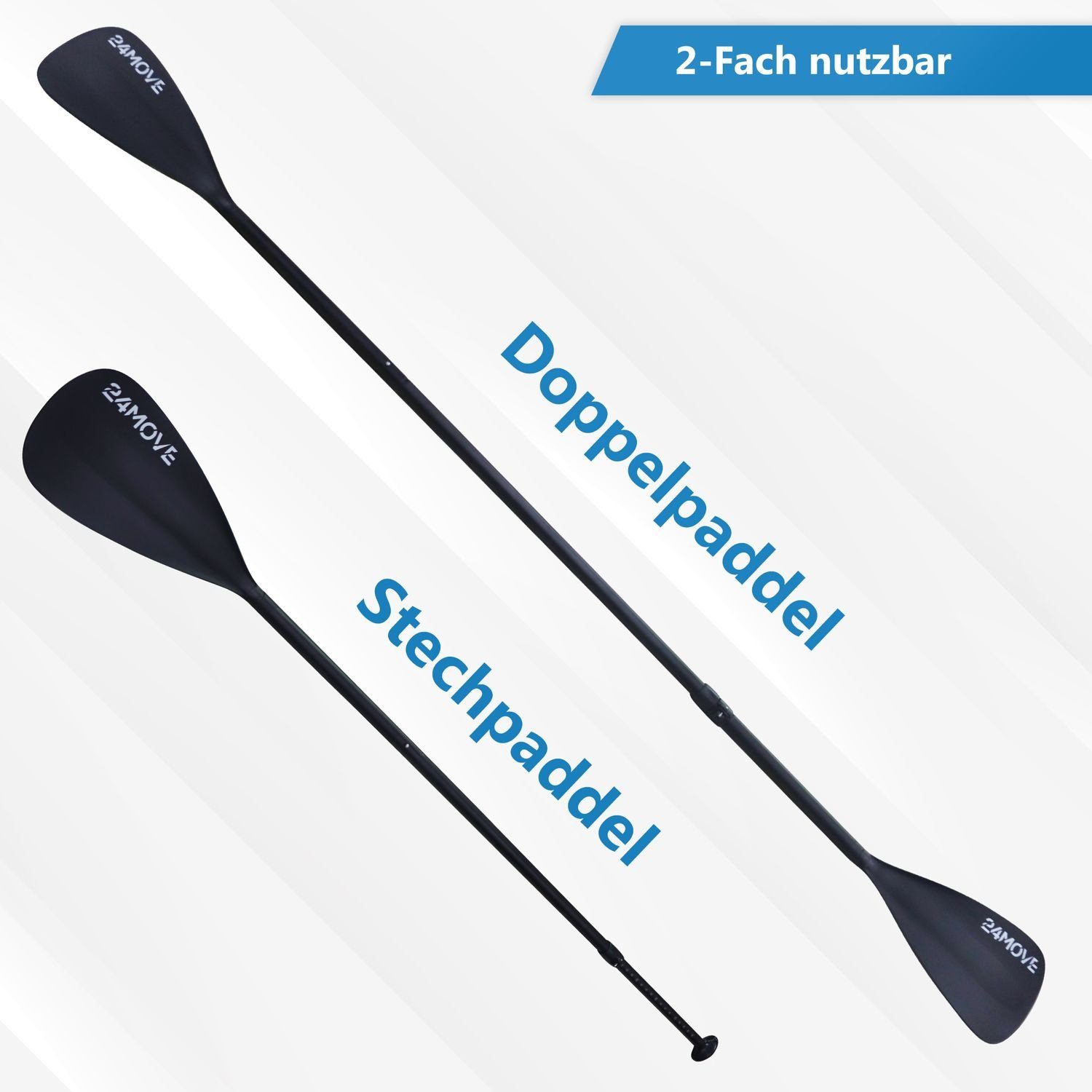 24Move Doppelpaddel, Premium Stand Up Paddle Aluminium, verstellbar, 4-teilig SUP-Paddel, (2 in 1 Paket, als Einzelpaddel oder Doppeltes Paddel, schwarz), für Paddelboards, Kajakboot und Ruderboot, universell einsetzbar