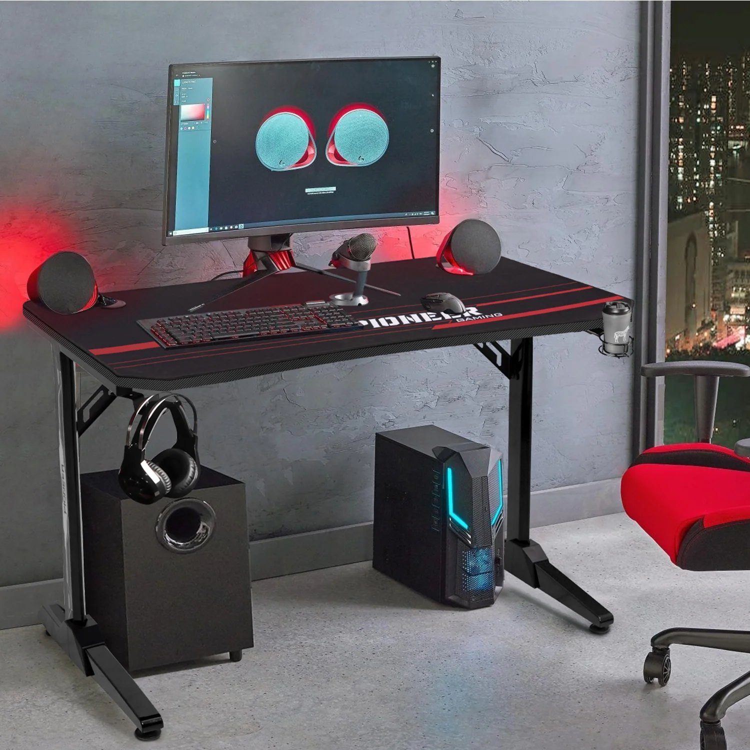 HOMALL Gamingtisch 140 cm Computer Schreibtisch Gamer Tisch Schwarz, rot, blau