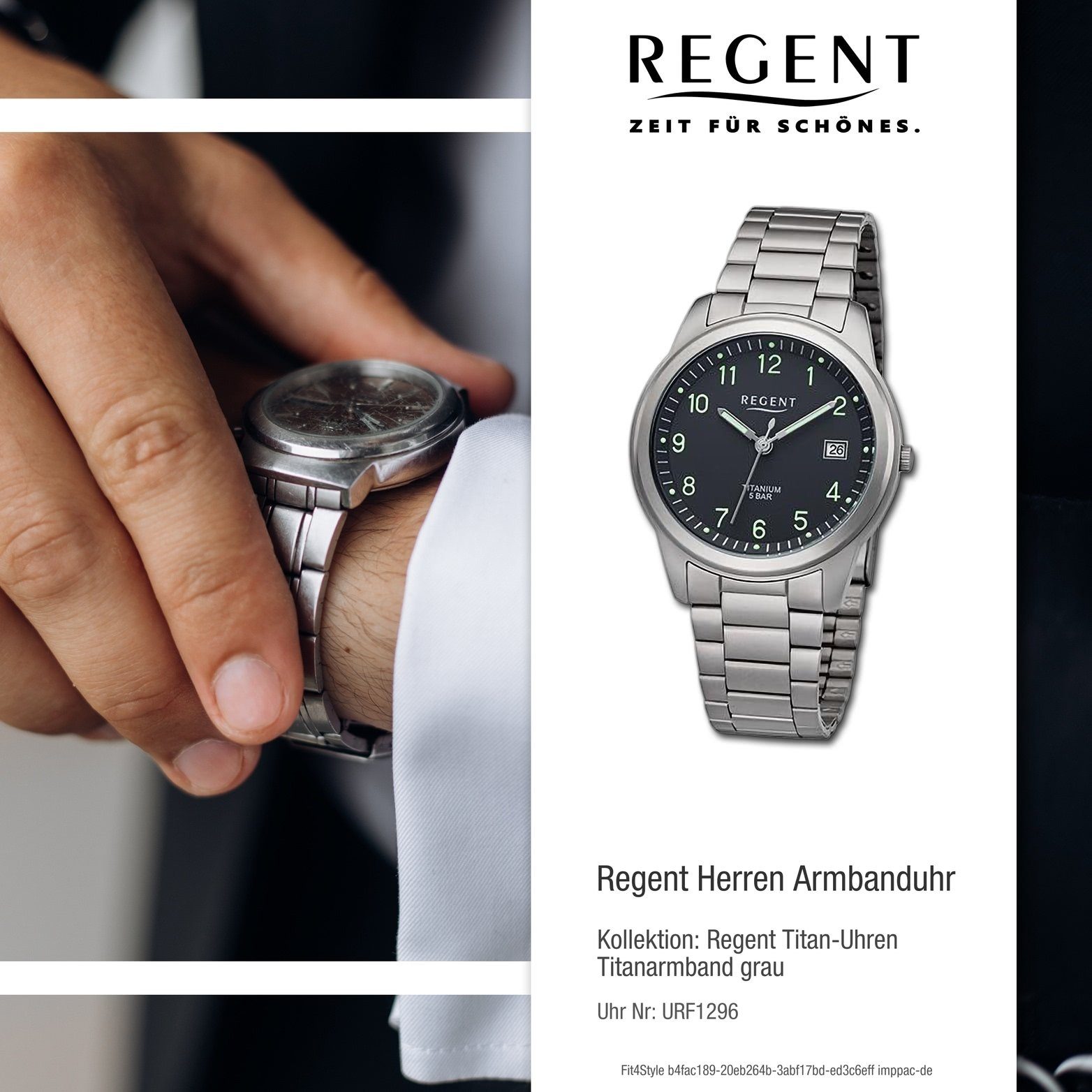 Herren Analog, rundes extra Regent Gehäuse, Quarzuhr Regent (ca. groß Armbanduhr grau, Titanarmband Herrenuhr 36mm)