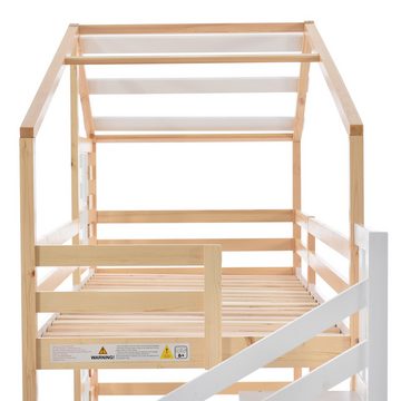 Loywe Etagenbett Holzbett mit Schublade und Fenster (Baumhaus Bett, 1-St., mit Rausfallschutz und Treppe), 200 x 90cm-Bettgestell auf beiden Etagen, Natur & Weiß