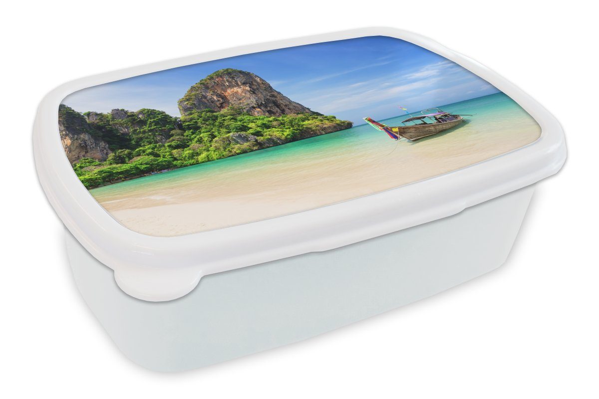 MuchoWow Lunchbox Strand - Meer - Thailand - Boot, Kunststoff, (2-tlg), Brotbox für Kinder und Erwachsene, Brotdose, für Jungs und Mädchen weiß