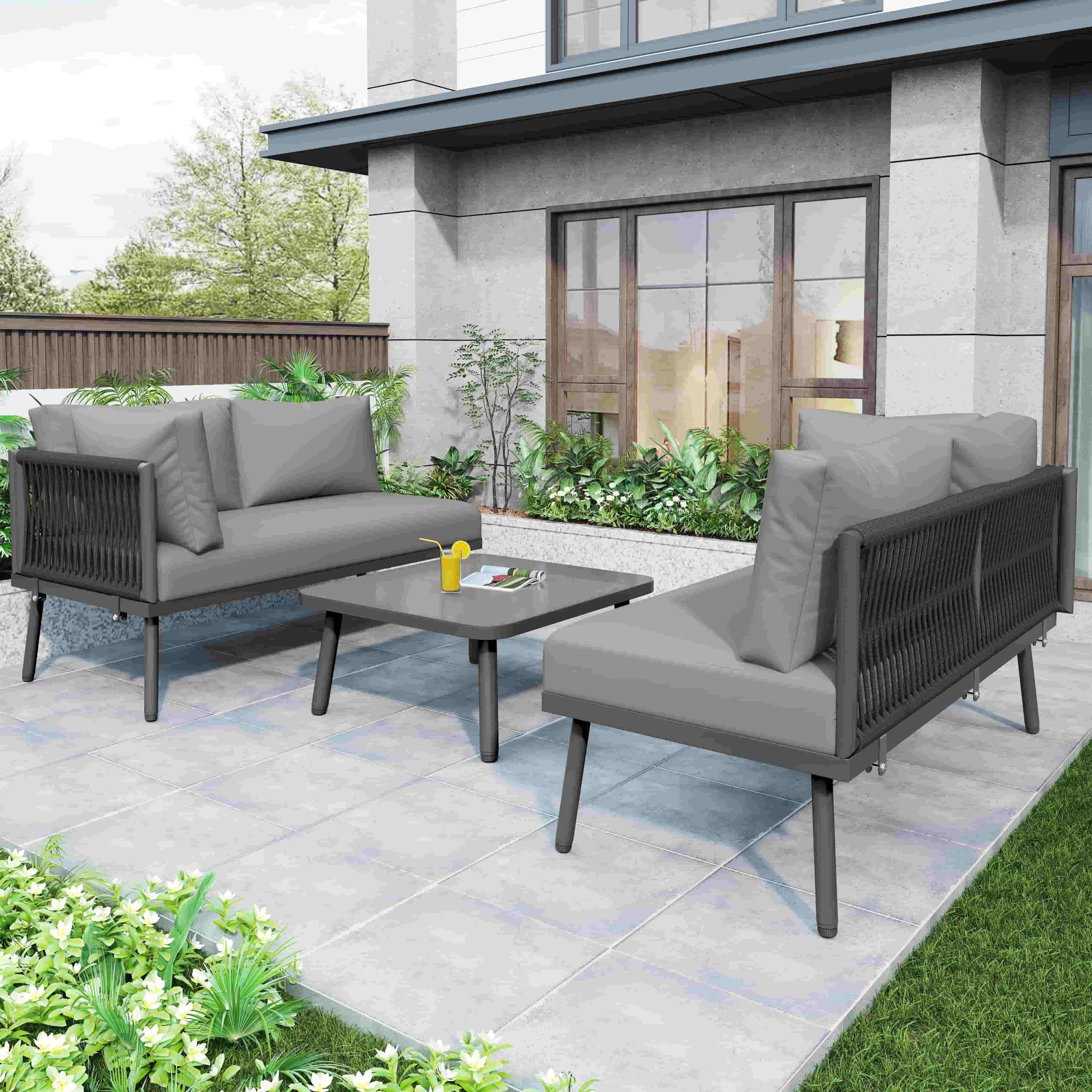 Yemaster Garten-Essgruppe Garten-Lounge-Set 3-teilig mit pulverbeschichtete günstig online kaufen