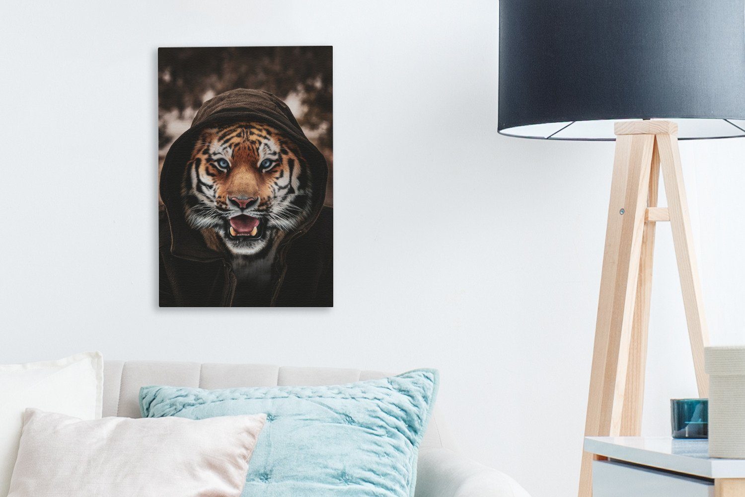 Tiger Leinwandbild 20x30 Gemälde, St), mit cm (1 Zackenaufhänger, OneMillionCanvasses® Leinwandbild Kapuze, bespannt inkl. fertig