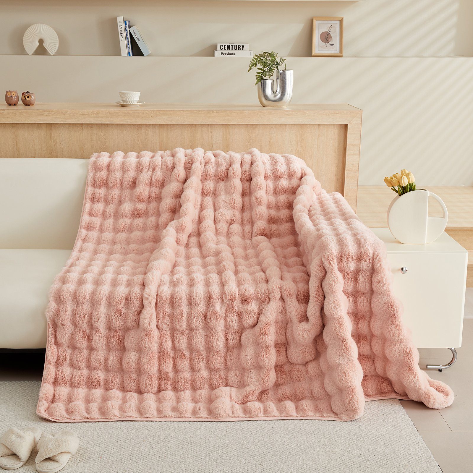 Rosnek Sofahusse Zottelig, warm, Wellendesign, rutschfest, für Winter Sofas Bett, B×L: 180×180;180×230;180×300cm