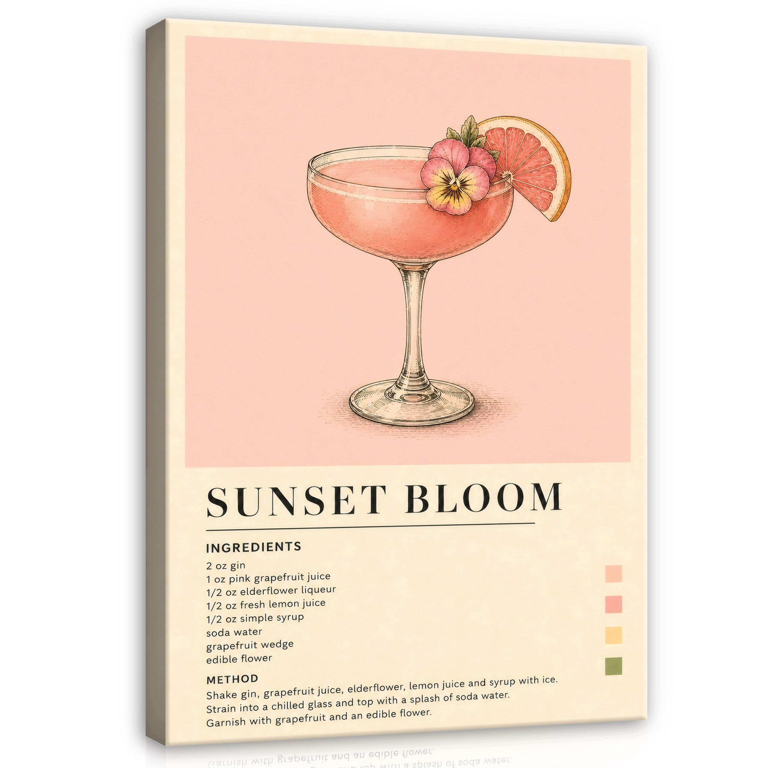 Wallarena Leinwandbild Drink Sunset Bloom Rezept Rosa Retro bilder küche wandbilder Wandbild, Cocktail, Sunset Bloom, Rezept (Leinwandbild, 1 St), Leinwand Bilder Küche Wandbild Wanddeko 30x40 cm
