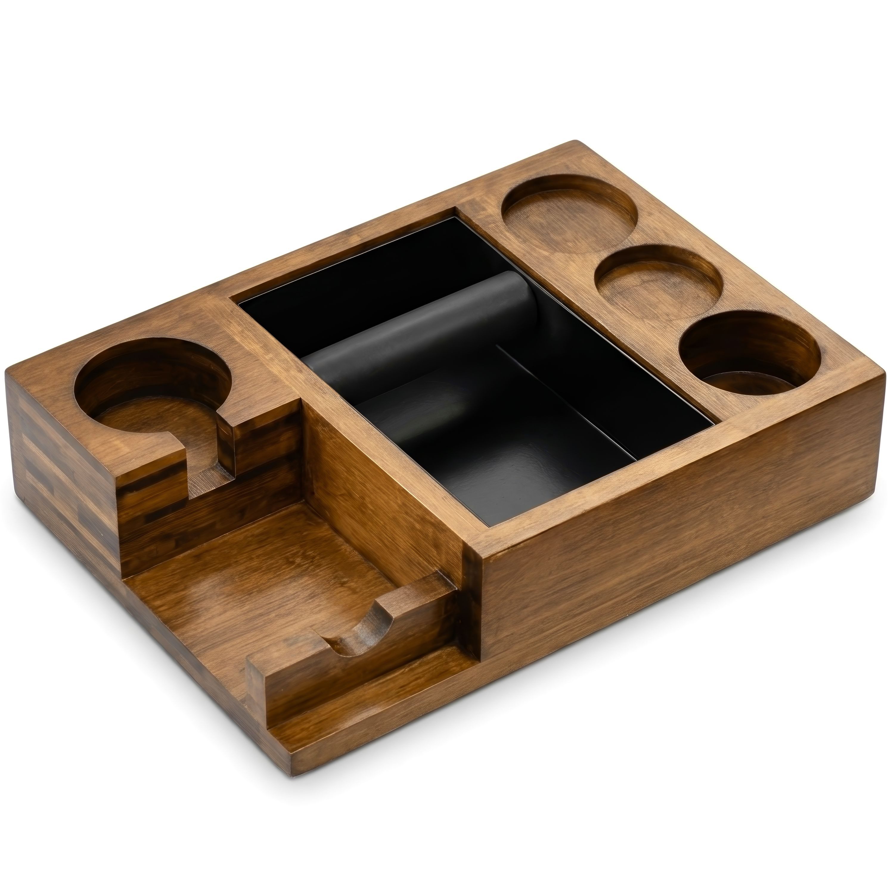 WONDERMAKE Tamperstation mit Knock-Box Siebträger 51–58,5 mm, Moso-Bambus mit Walnuss-Finish, Espresso Kaffee Organizer mit Ablagen für Tamper, Leveler, Puck Screen