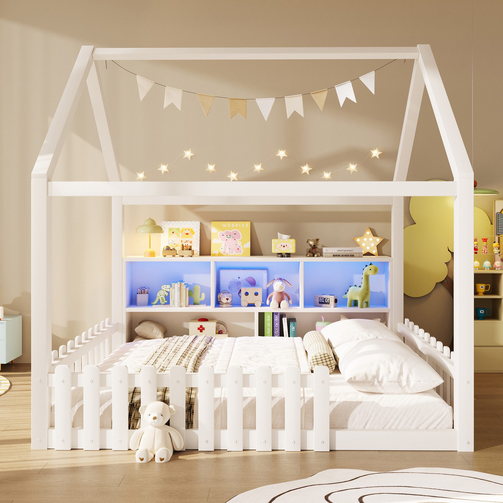 Merax Kinderbett mit LED-Lichtleiste (Kiefer Bodenbett Jugendbett, 1-tlg), Flachbett Hausbett 140x190cm mit LED-Lichtleiste & offenen Staufächern