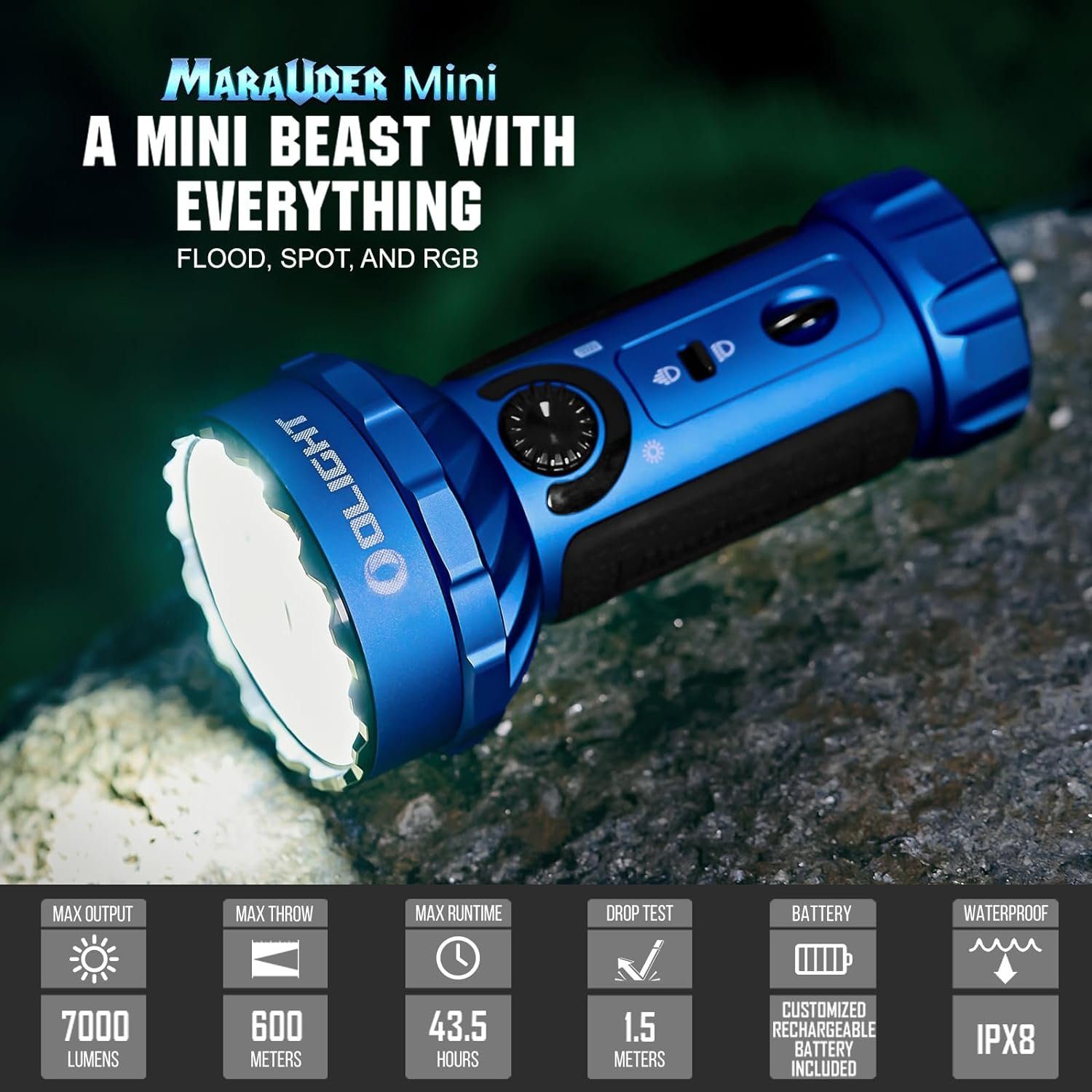 Taschenlampe Blau Strahler Taschenlampe, OLIGHT LED Flutlich 7000 Wiederaufladbar, Marauder Leistungsstarke Olight und mit Meter, Lumen Mini 600