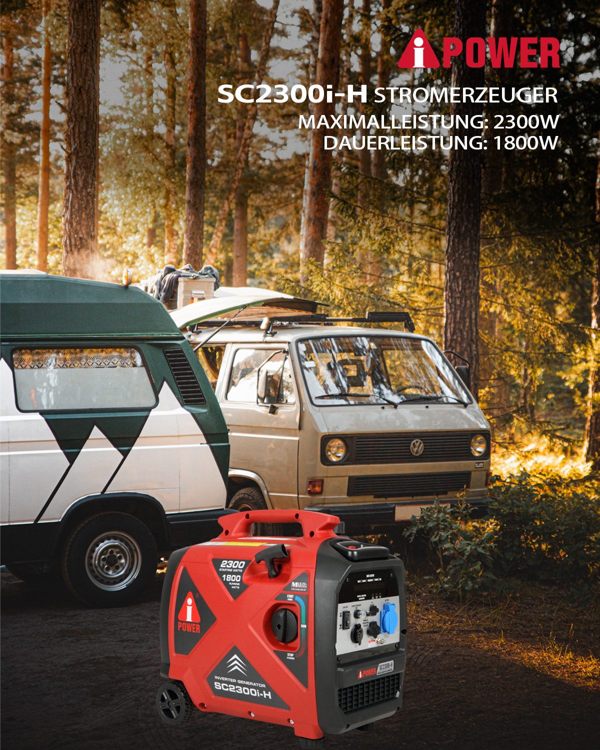 A-iPower Stromerzeuger SC2300i-H, 2,30 in kW, (Benzin Stromgenerator Generator Notstromaggregat 4-Takt Motor Stromerzeuger Leise 63 dB Generator), mit 230V Steckdosen, 12V Steckdose und USB