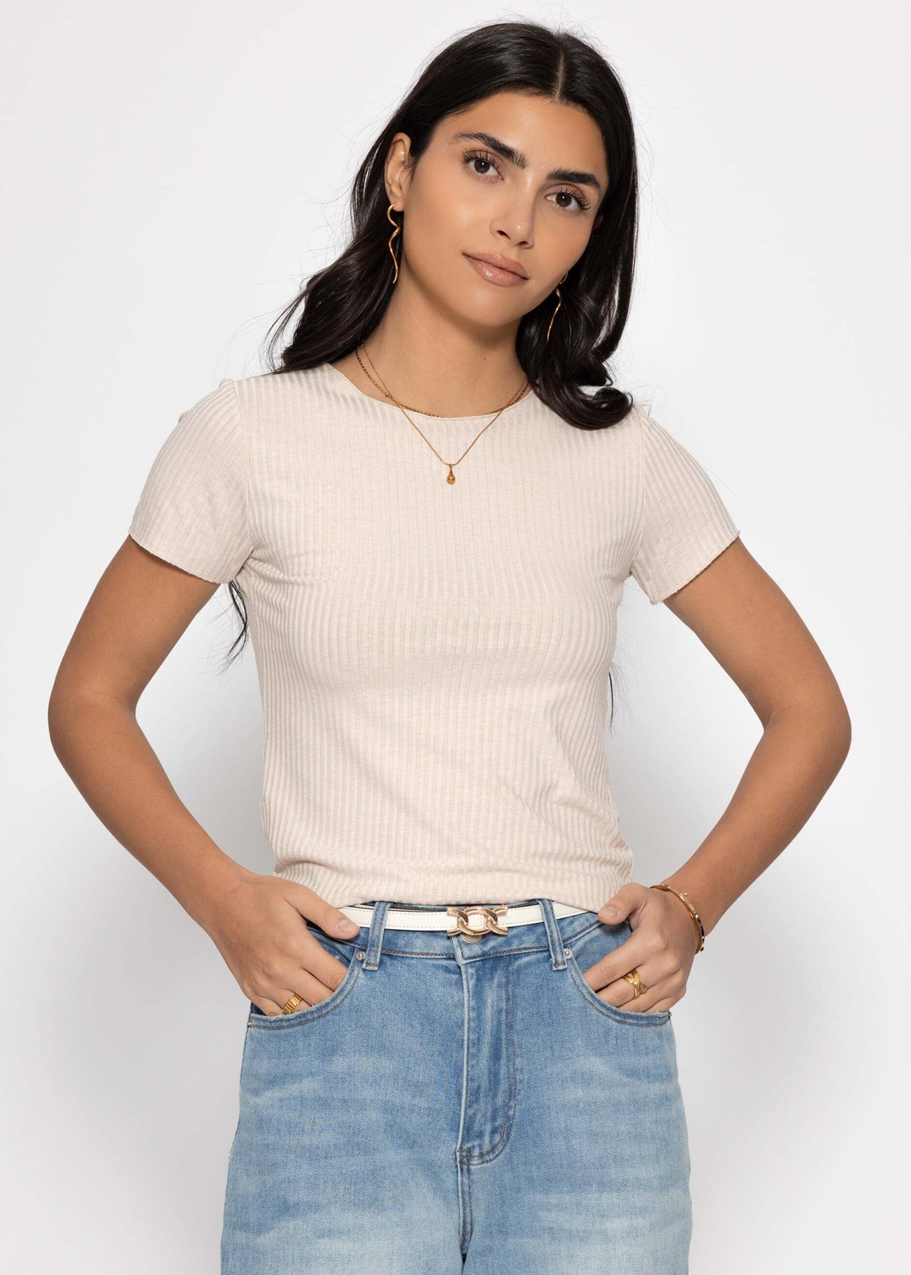 SASSYCLASSY T-Shirt Kurzarmshirt in geripptem Jersey für Damen Schlichtes T-Shirt mit Rundhalsuasschnitt in körpernahem Schnitt