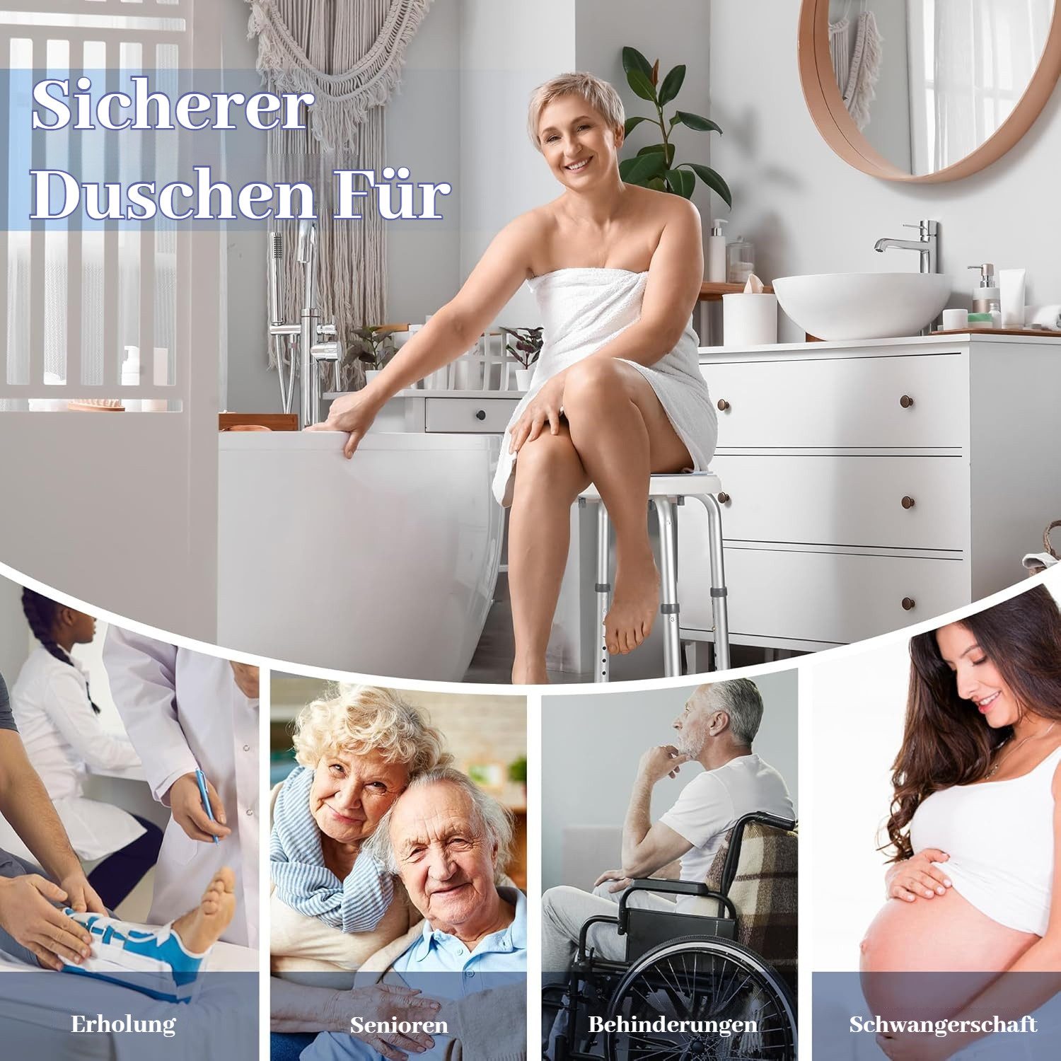 BlingBin Duschhocker Badhocker, höhenverstellbarer Duschstuhl mit Rutschfesten Gummifüßen, belastbar bis 120 kg, 6-Fach Höhenverstellbar (36-54 cm), für ältere Senioren, Schwangere