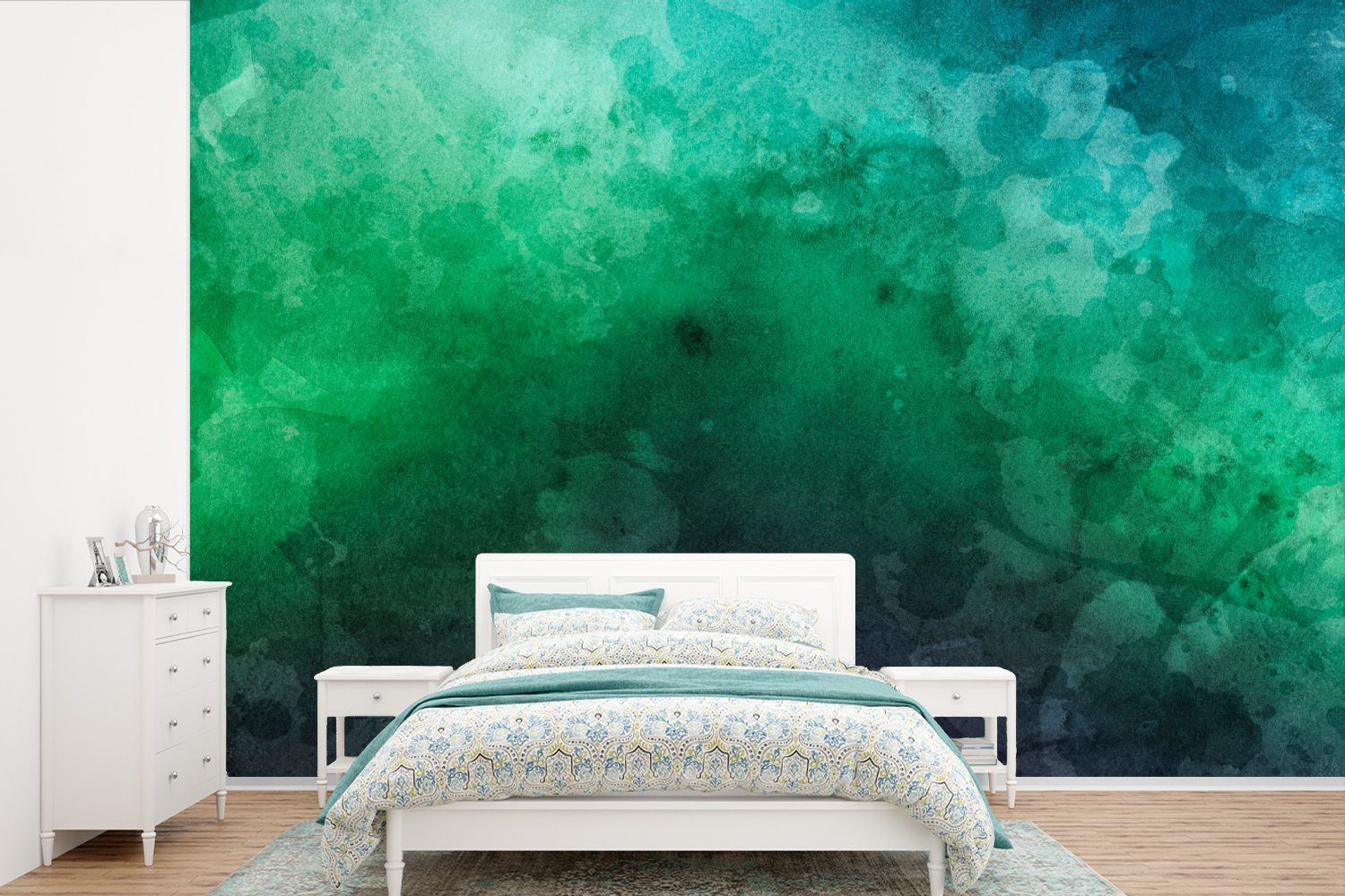 Grün, Wohnzimmer, MuchoWow Wallpaper (6 Tapete Matt, Blau Schlafzimmer, Kinderzimmer, Fototapete Vinyl - bedruckt, für Aquarell - St),