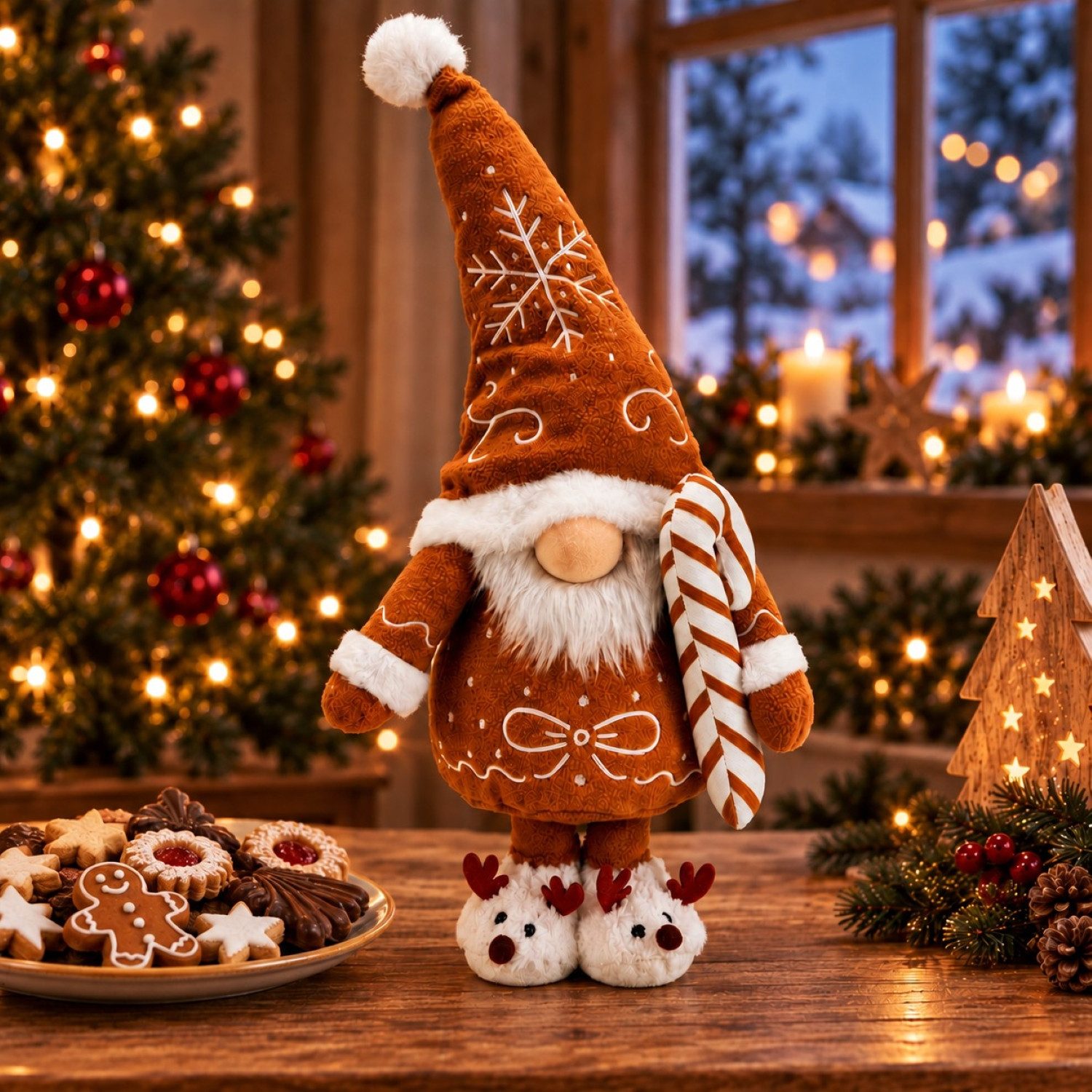 Online-Fuchs Dekofigur Weihnachtswichtel, Zwerg - Lebkuchen Design - Deko Figuren Weihnachten (im liebevollen Lebkuchen-Design, mit Stickereien im Zuckerguss-Look), und super süßen Rentier Hausschuhen