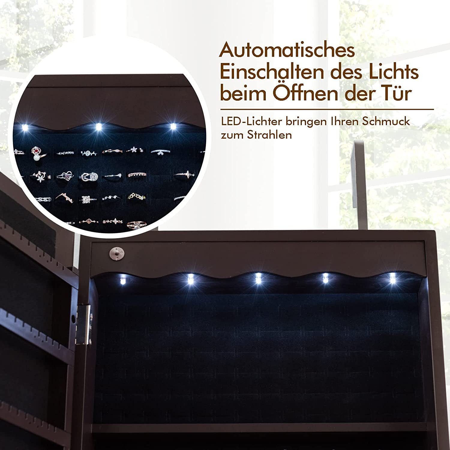 KOMFOTTEU Schmuckschrank Schmuckregal Schubladen, & Braun LED-Beleuchtung mit