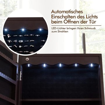 KOMFOTTEU Schmuckschrank Schmuckregal mit LED-Beleuchtung & Schubladen, Braun