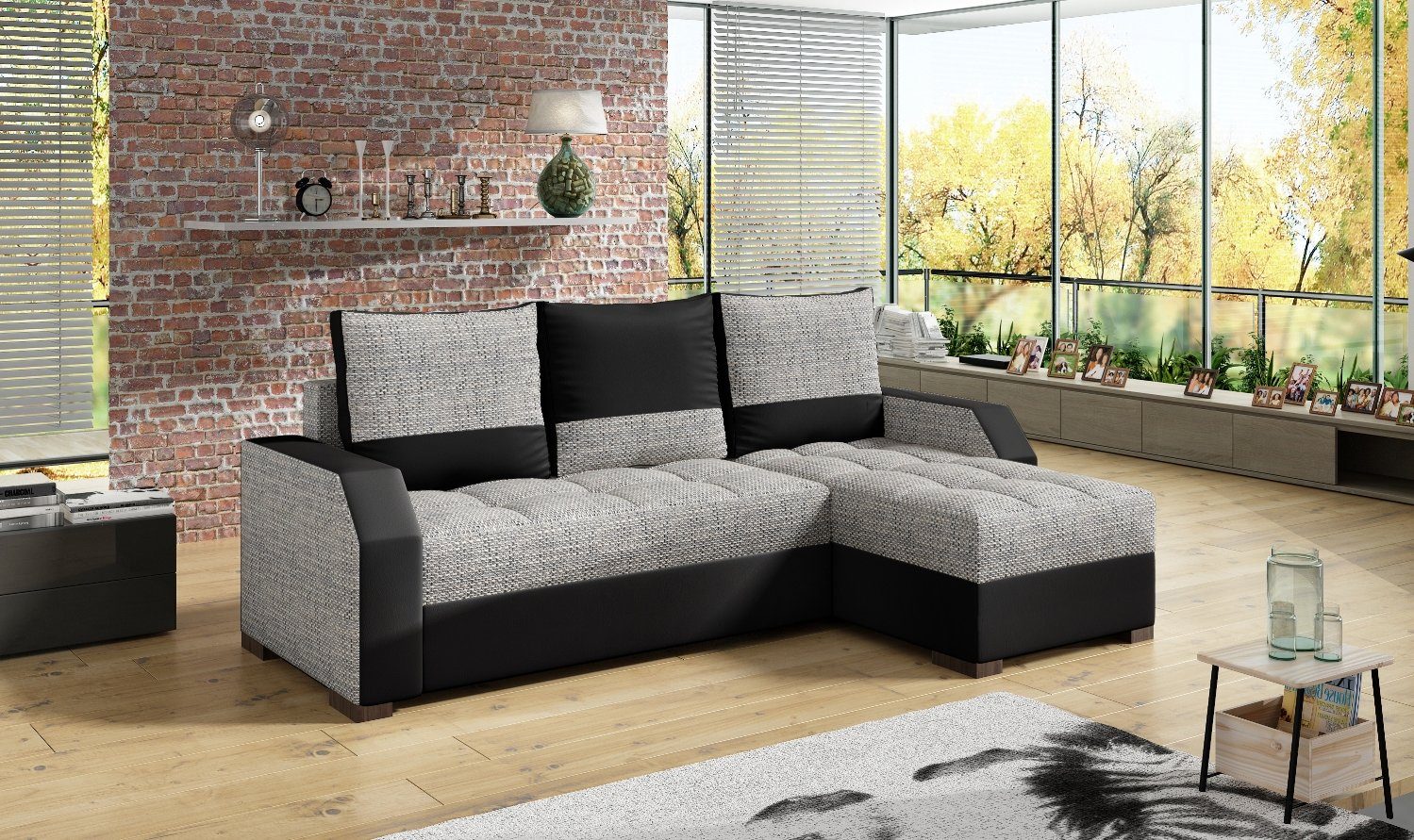 JVmoebel Ecksofa, Design Polster Hellgrau Ecksofa Textil Couch Sofas Leder / Bettfunktion Couchen Schwarz