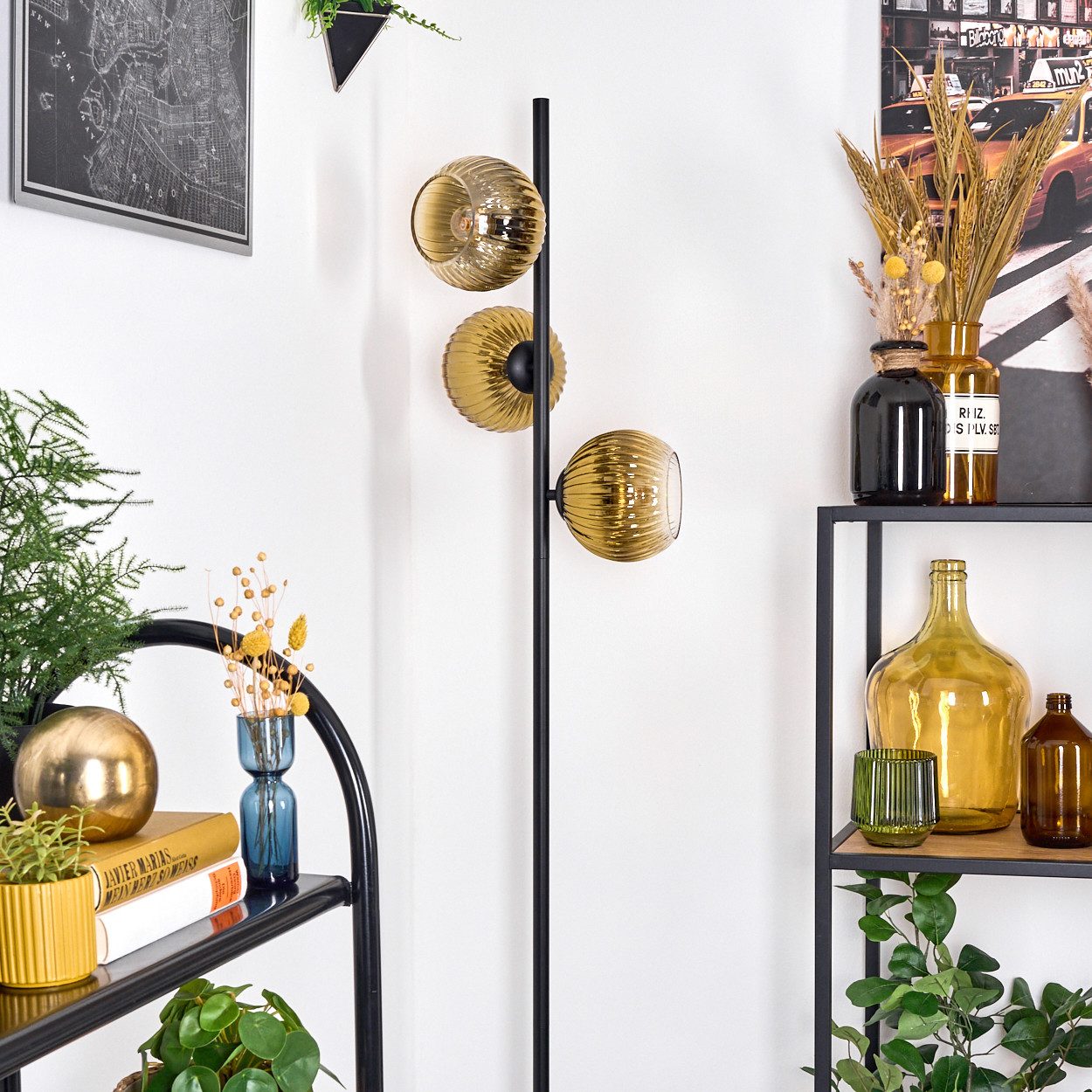 hofstein Stehlampe Stehlampe aus Metall/Riffelglas in Schwarz/Gold/Klar, Leuchte im Retro/Vintage-Design (Schirme 15 cm), Fußschalter, E14
