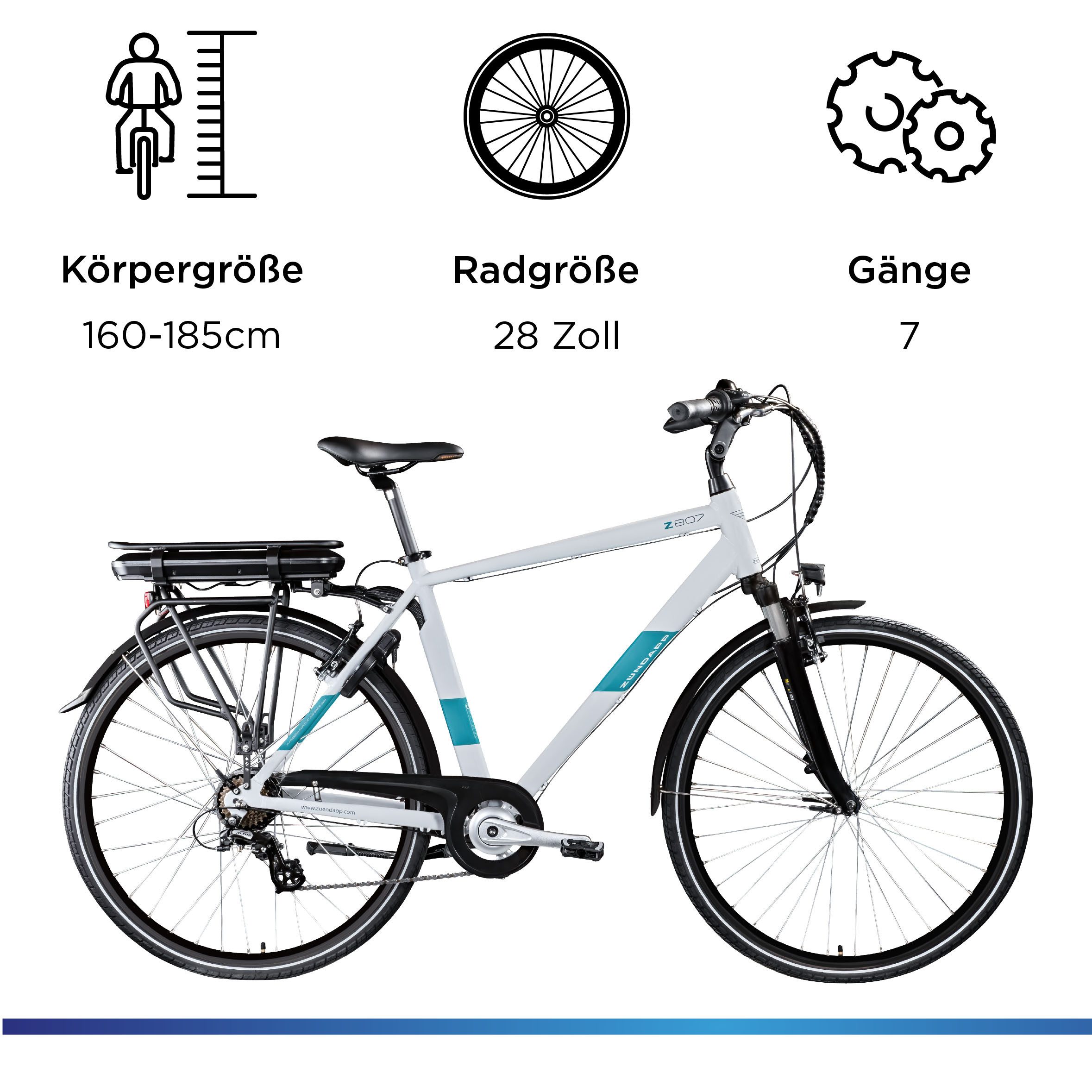 Zündapp E-Bike Trekkingrad Z807, 7 Gang Shimano Altus Schaltwerk, Kettenschaltung, Heckmotor, 468 Wh, Pedelec, Elektrofahrrad für Damen und Herren