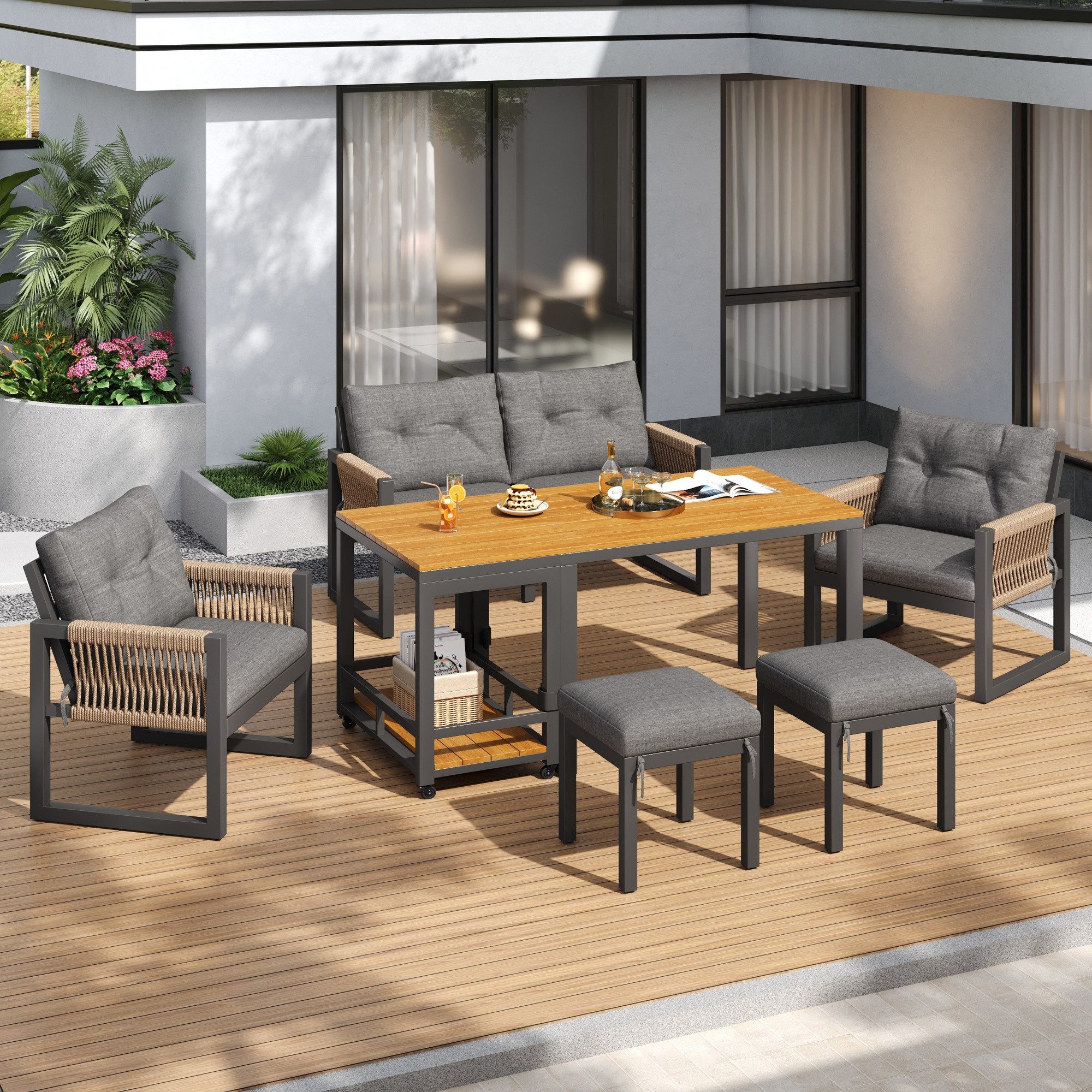 STILVORA Sitzgruppe mit esstisch Sitzgruppe mit Sitzkissen Multifunktionaler Tisch, (Doppelstuhl, 6-tlg., mit 1 Tisch und 3 Stühle, 2 Hocker), Freizeit- und Besprechungsset für mehrere Personen