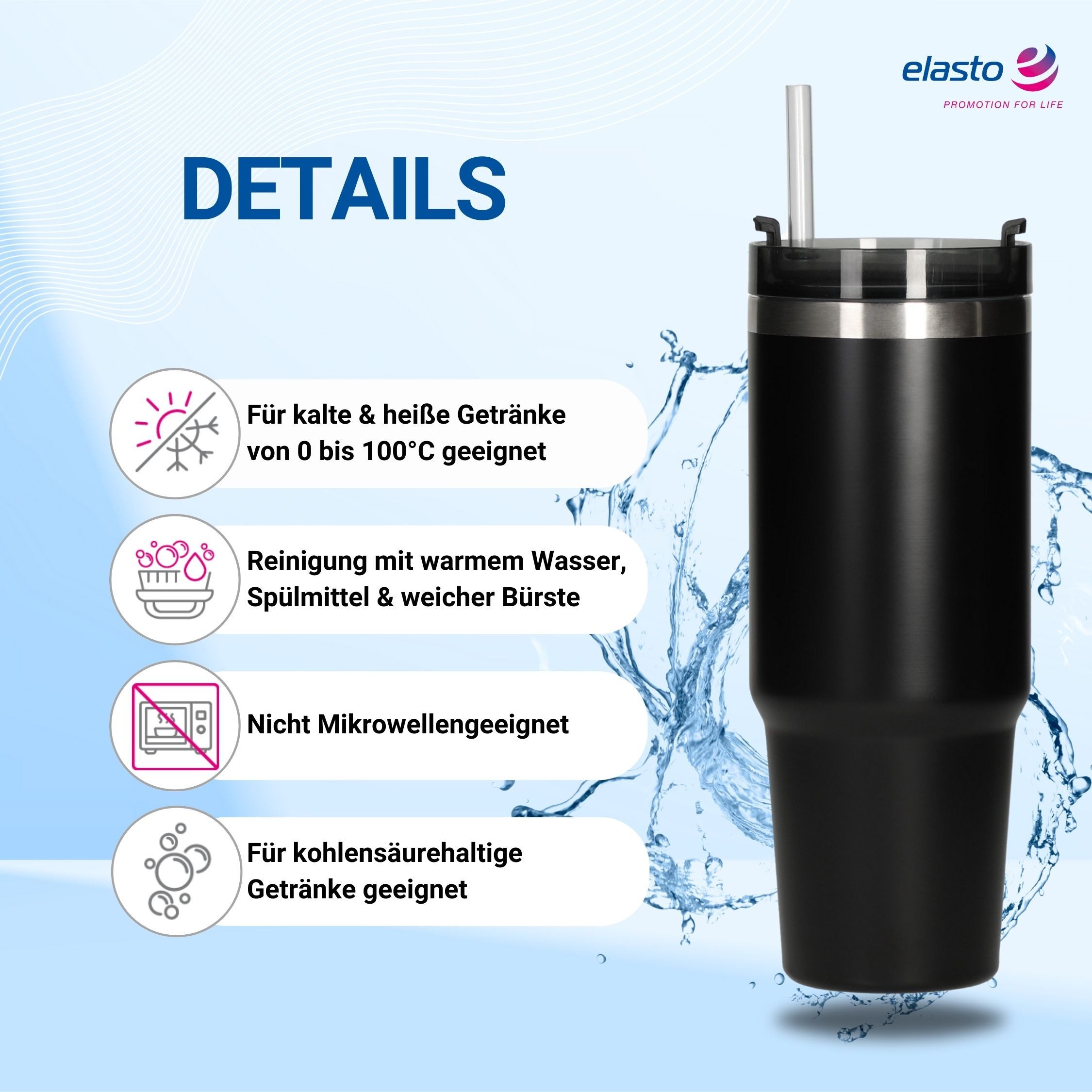 elasto Thermoflasche Trinkbecher mit Strohhalm "Tampa", 800 ml, schwarz
