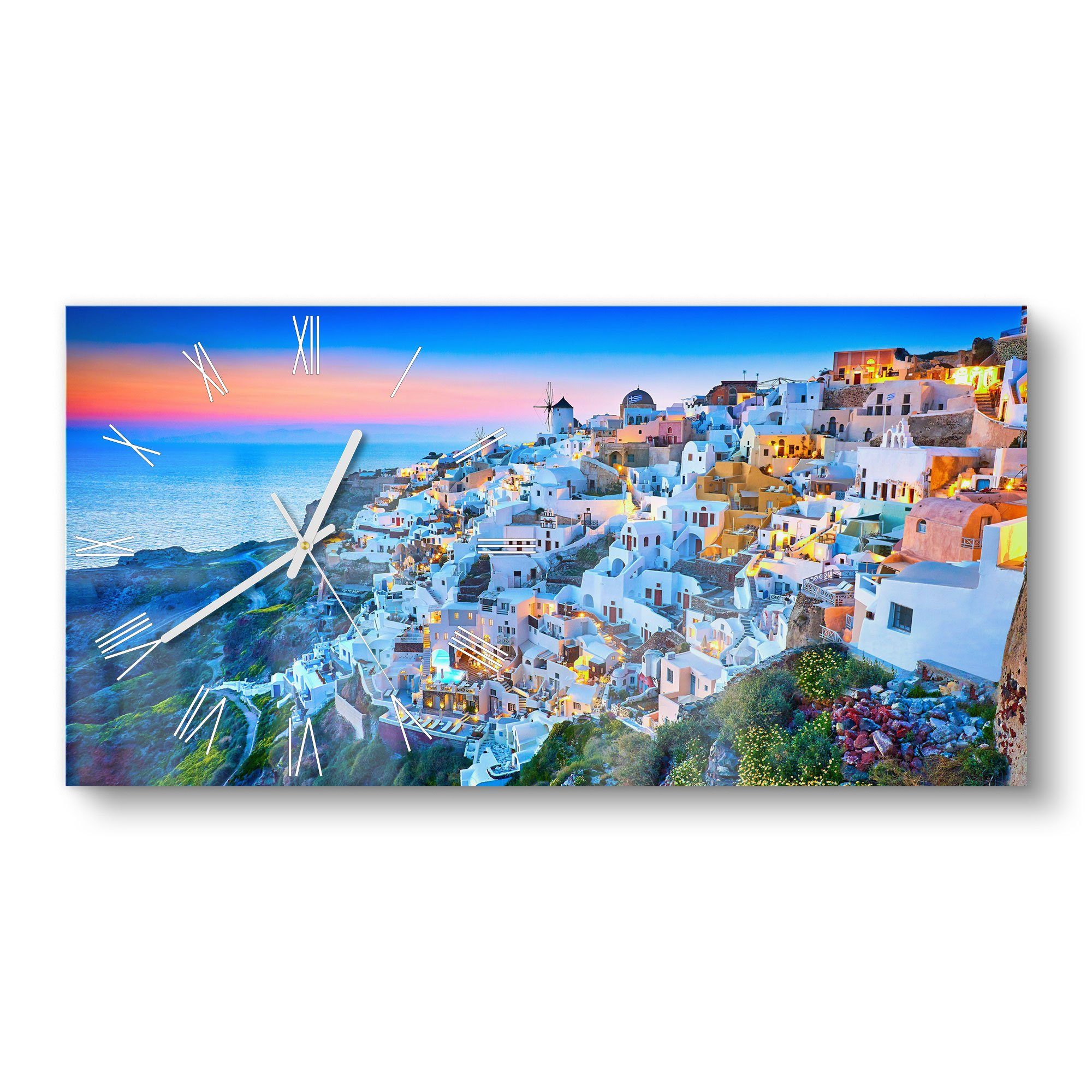 DEQORI Wanduhr 'Häusermeer auf Santorini' (Glas Glasuhr modern Wand Uhr Design Küchenuhr)