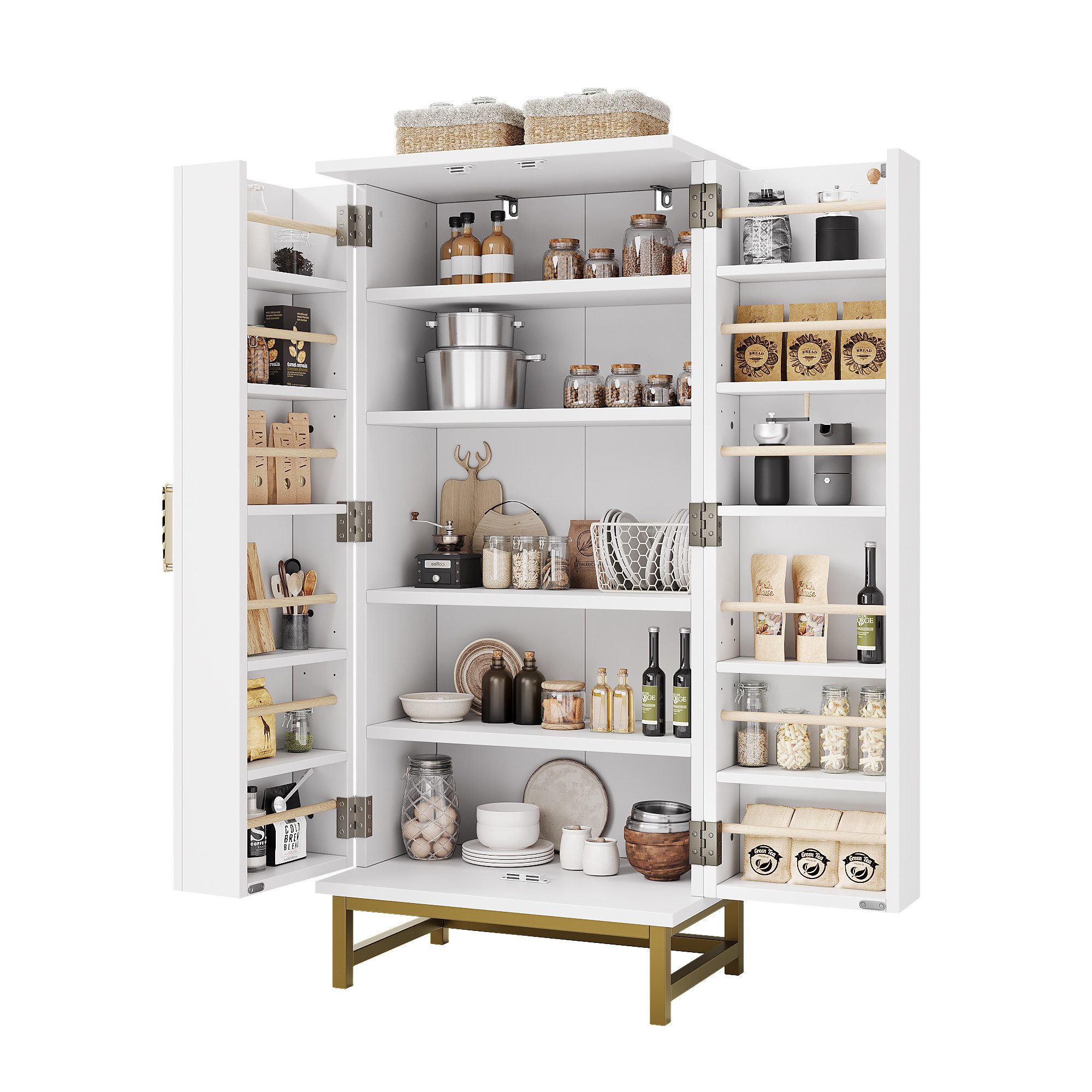 BlingBin Mehrzweckschrank 60x40x130 cm Vorratsschränke Küchenschränke (1er Set, 1-St., Tragendes Gewicht: 45kg, Aufbewahrungsschrank, Weiß+Gold) Hochschrank mit Verstellbaren Einlegeböden für Ess- oder Wohnzimmer