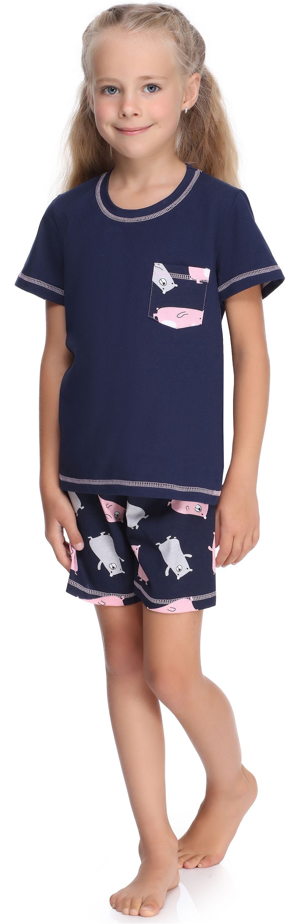 Style Marineblau/Teddybär Set Schlafanzüge Mädchen Kurz Pyjama Baumwolle Schlafanzug aus Merry MS10-292