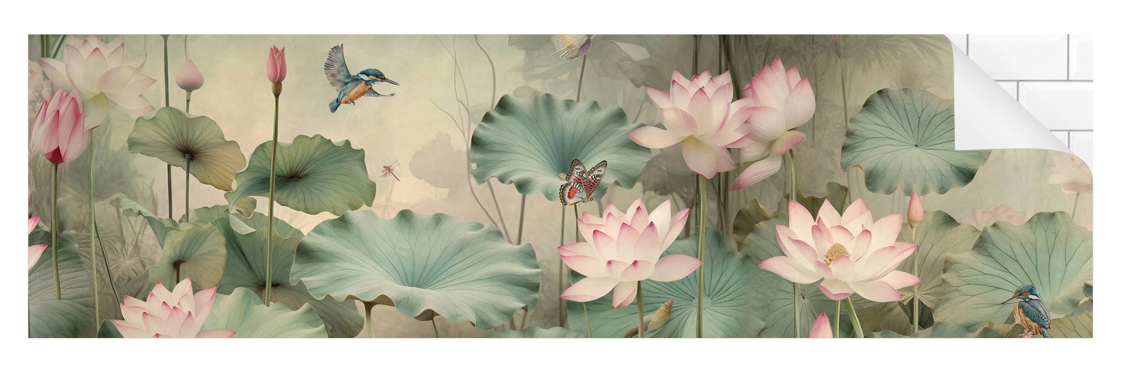 Bilderdepot24 Badrückwand grün fugenlose Wandverkleidung Bad Tropisch, (Hartfolie matt » Selbstklebend SMART 0,35 mm), wasserfestes Wandpaneel Lotusblütenteich