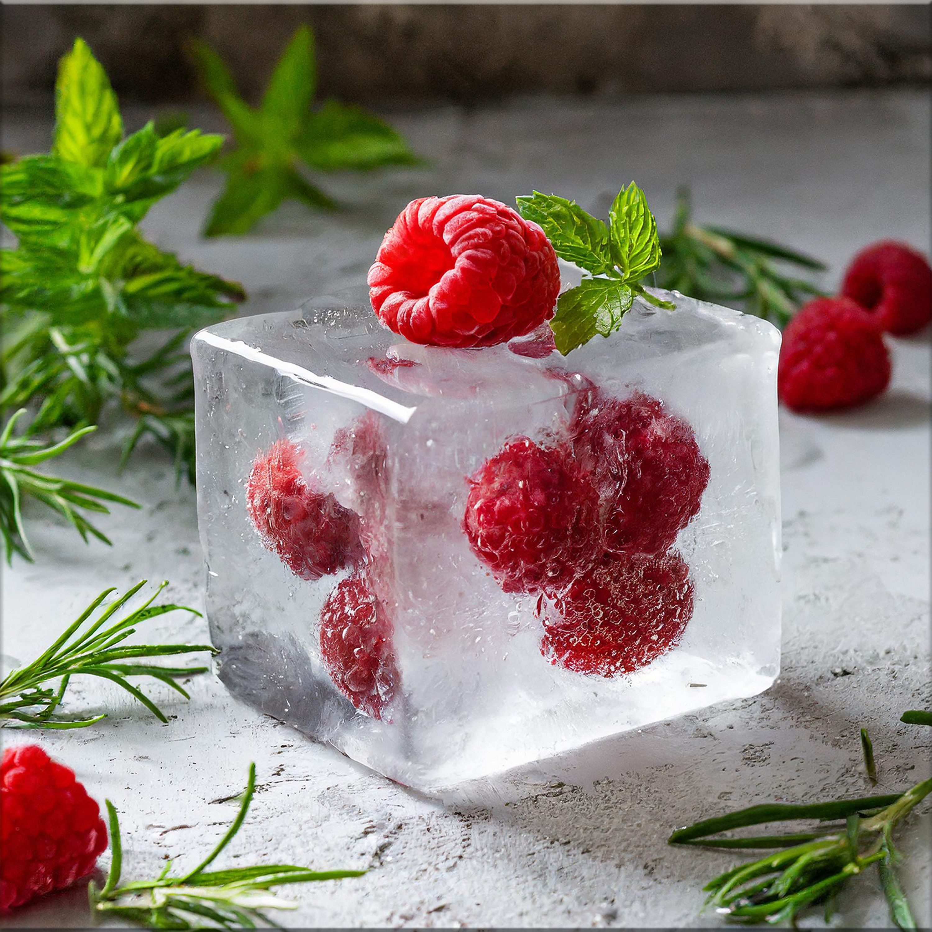 artissimo Glasbild Glasbild 30x30cm Bild Küche Küchenbild Esszimmer Cocktail bunt frisch, Kräuter und Obst : Eiswürfel Himbeere