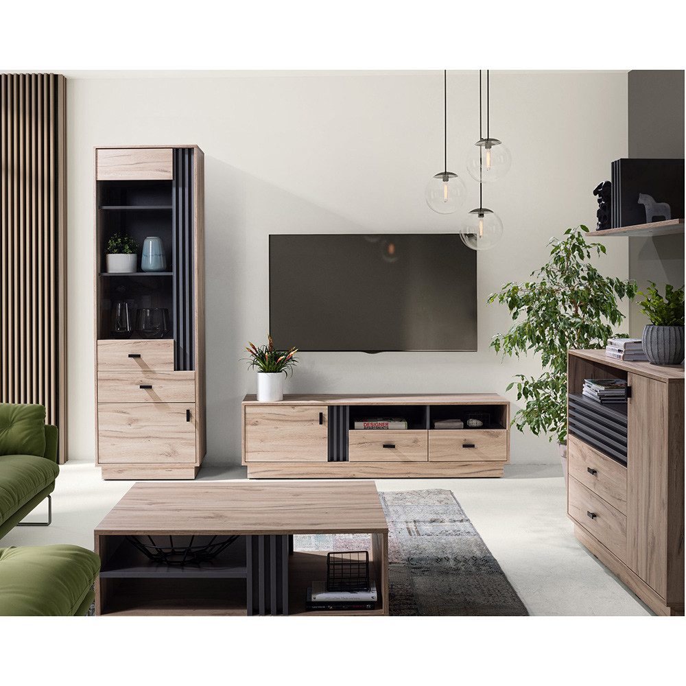 Lomadox Wohnzimmer-Set ANTIGUA-133, (Mega-Spar-Set, 5-St., Vitrine Sideboard Lowboard Wandregal Couchtisch), in Eiche mit anthrazitfarbenen Details, viel Stauraum
