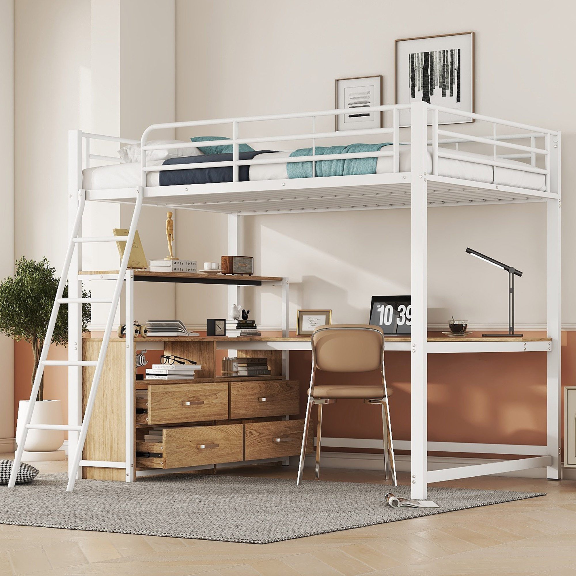 Flieks Hochbett Kinderbett Metallbett 140x200cm mit Schreibtisch und 4 Schu günstig online kaufen