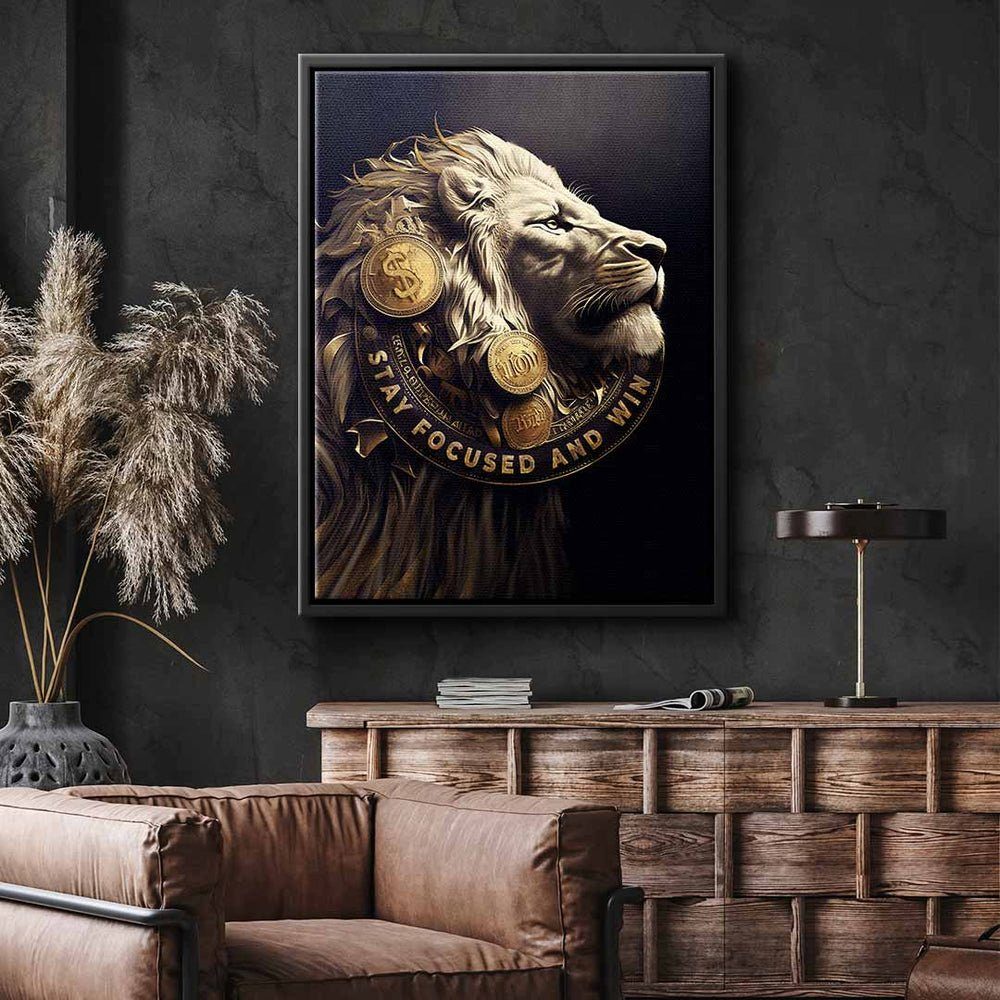 DOTCOMCANVAS® Leinwandbild, Premium Motivationsbild - and schwarzer Stay Lion Focused - - Win Rahmen Money