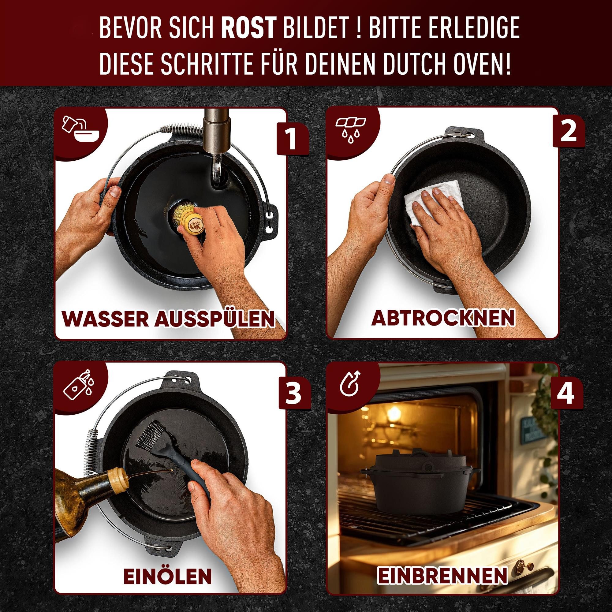 GUSSKÖNIG Grilltopf GUSSKÖNIG Dutch Oven Topf ohne Füßen 9Liter+Pflegepaste Untersetzer