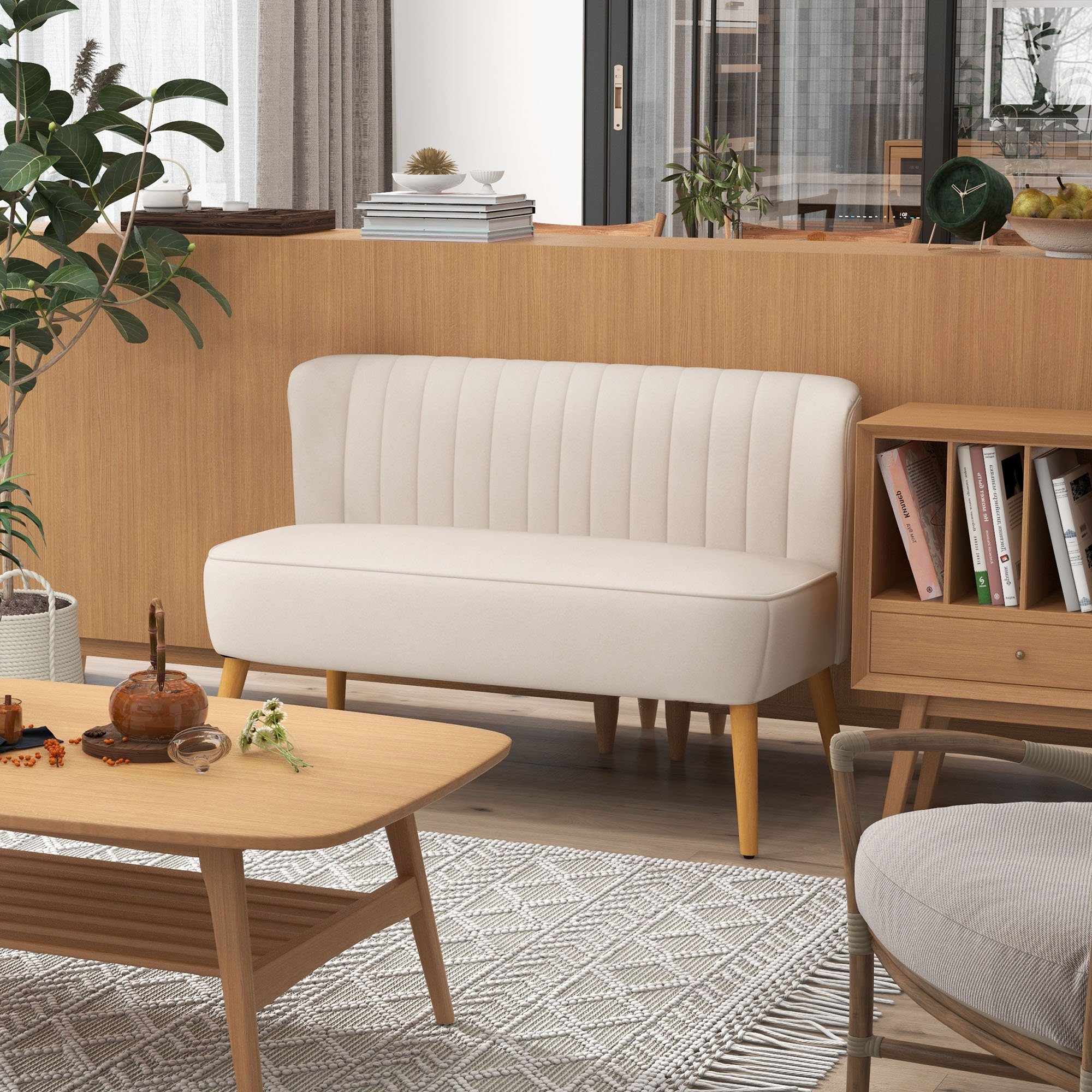 Cremeweiß mit Cremeweiß mit Zweisitzer, Loveseat Holzbeine, Doppelsofa HOMCOM | 2-Sitzer 1 Teile Leinenoptik,