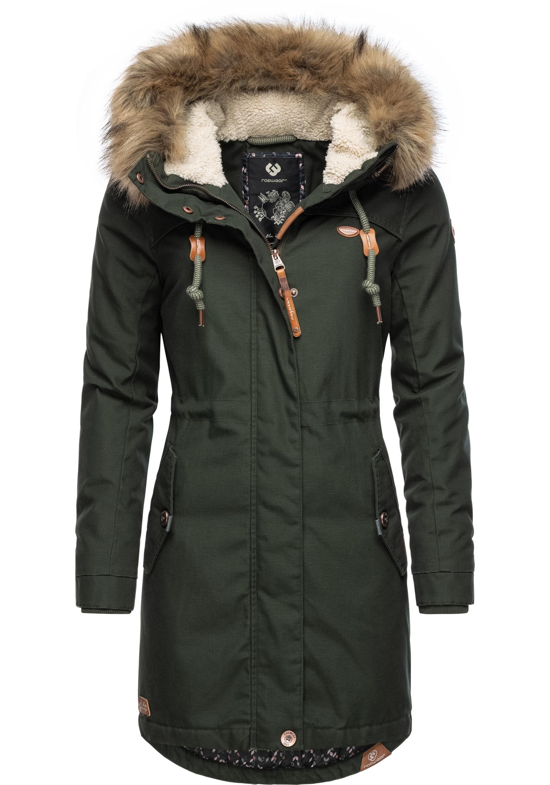 Ragwear Winterjacke Tawny stylischer Winterparka mit großer Kapuze und Kunstfellkragen flaschengrün