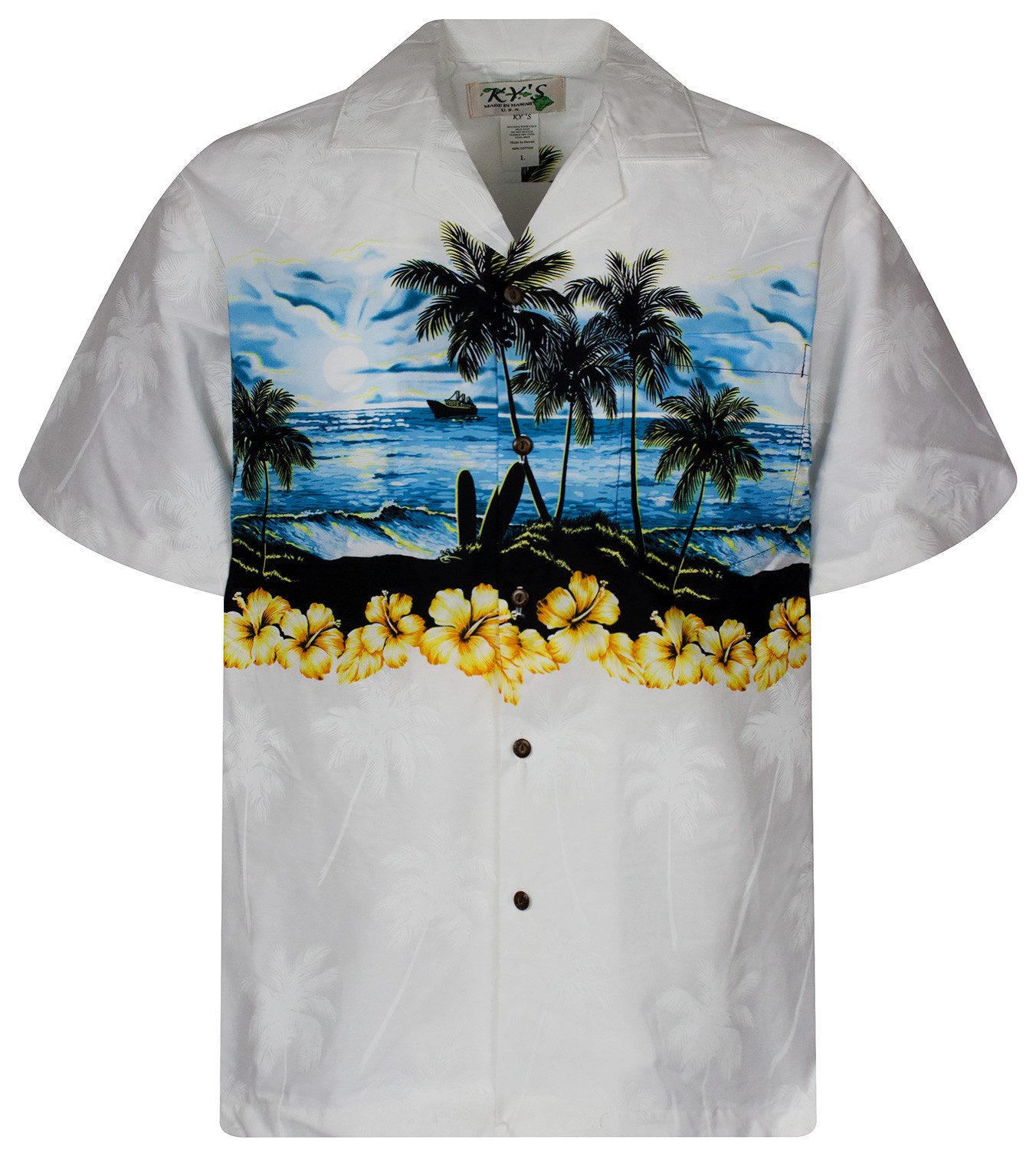 Hawaiihemd "Blauer Strand" Herren Kurzarm Baumwolle Kokosknöpfe Original Hawaii