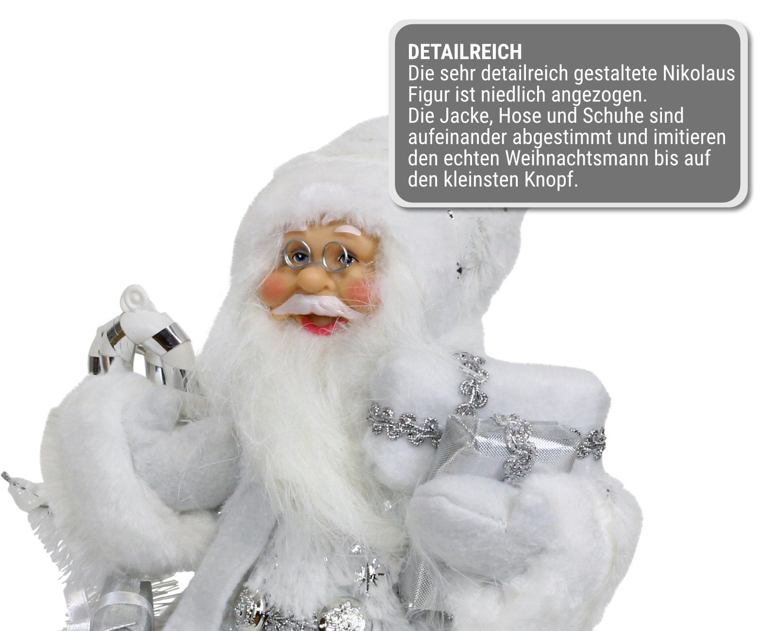 Weihnachtsfigur Weihnachtsmann HAGO mit Geschenkesack Weihnachtsdeko Nikolaus stehend Figur weiß