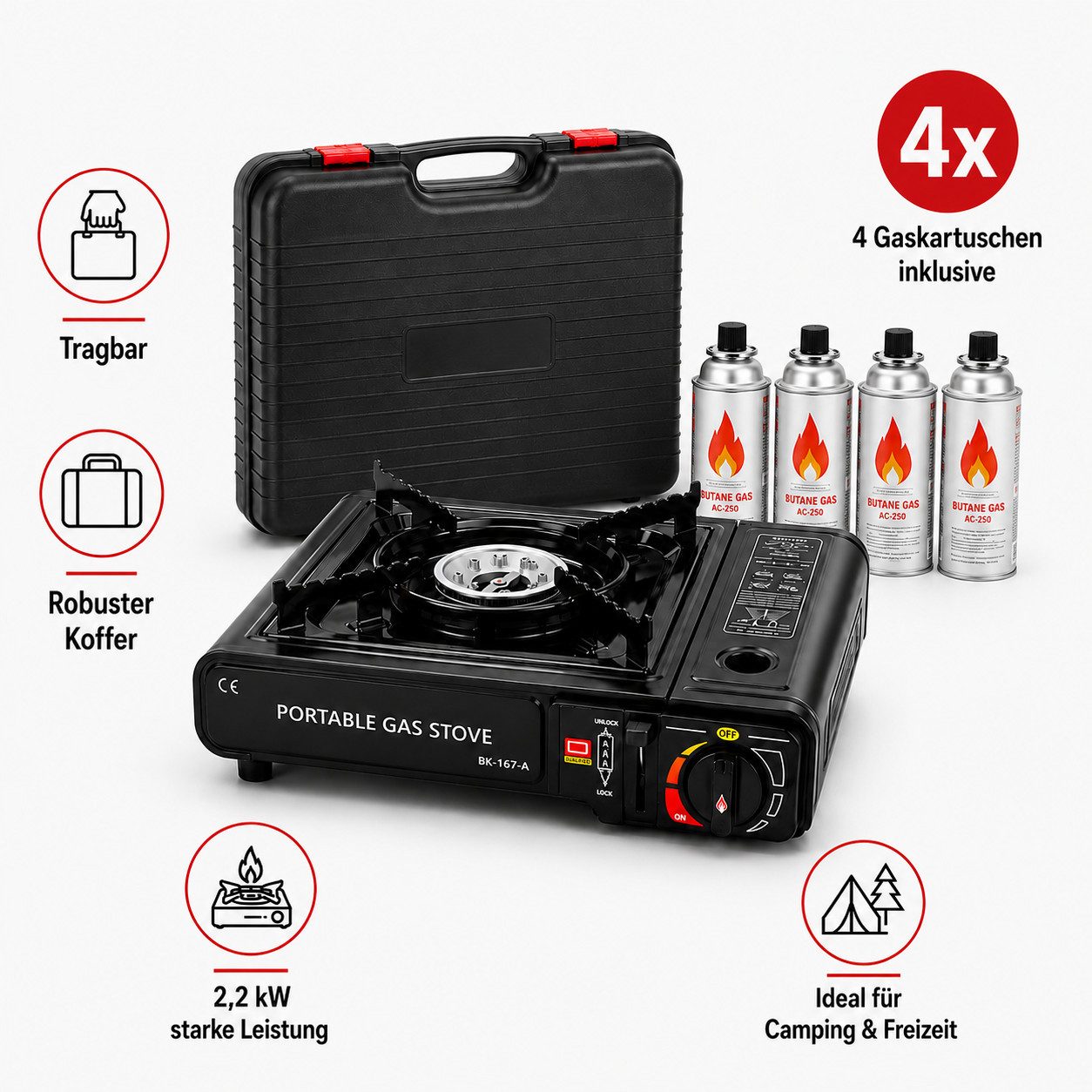 Ertex Gaskocher Campingkocher Gasherd portabel Campingherd mit Koffer & Gaskartuschen