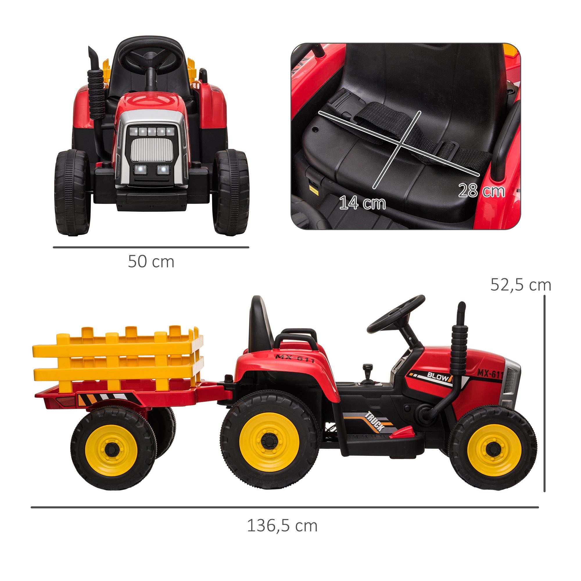 HOMCOM Elektro-Kinderauto Elektrischer Traktor, mit Anhänger, mit Fernbedienung, Belastbarkeit 30 kg, (2-tlg), für 3-6 Jahre Kinder, Rot