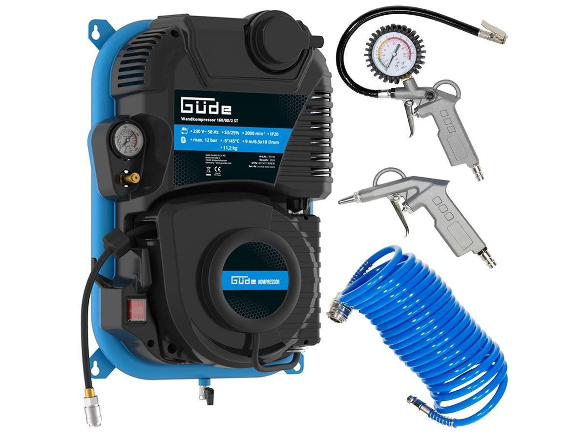 Güde Kompressor 160/08/2 ST + 3tlg. Druckluftset, max. 8 bar, 2 l, Set, 8 bar Betriebsdruck, 90 l/min effektive Liefermenge, 2 l Kesselinhalt