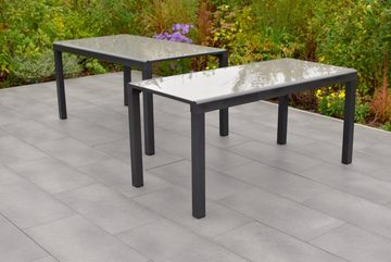 MERXX Garten-Essgruppe Trivero, (Set 7-teilig, Tisch, 6 Klappsessel, Aluminium mit Textilbespannung, Sicherheitglas), mit Flex Ausziehtisch, welcher aus zwei Tischen besteht